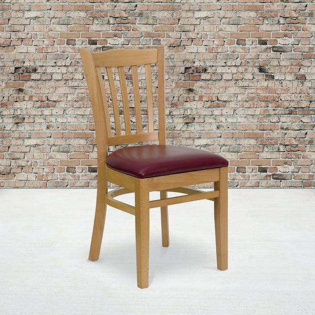 Flash Furniture HERCULES Series Vertical Slat Back Natural Wood Restaurant Chair - Burgundy Vinyl Seat