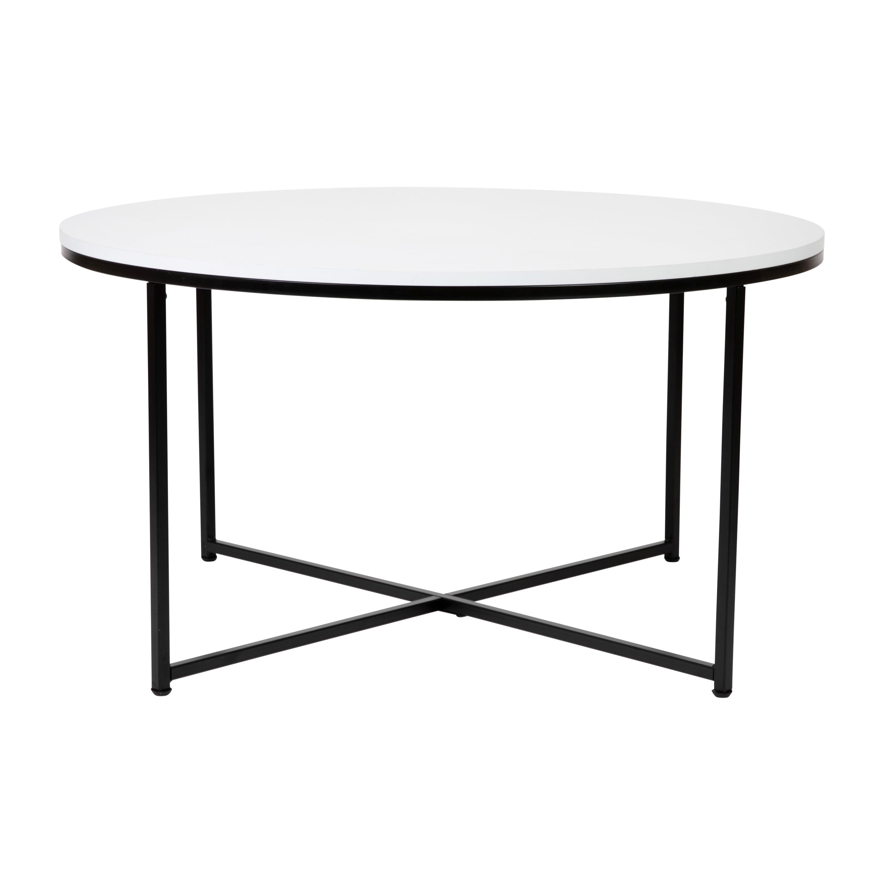 35.5" Round White Wood & Matte Black Metal Coffee Table