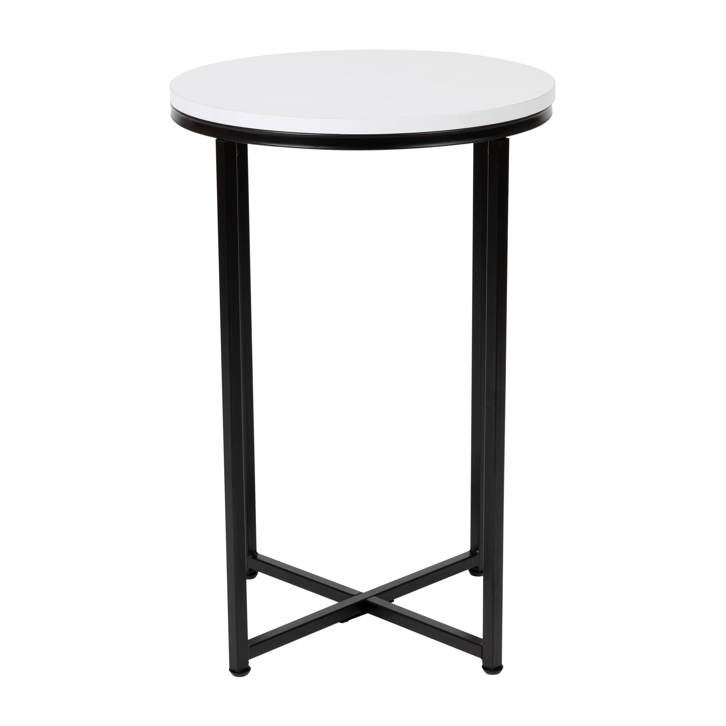 Elegant White Round Laminate Top End Table with Matte Black Metal Frame