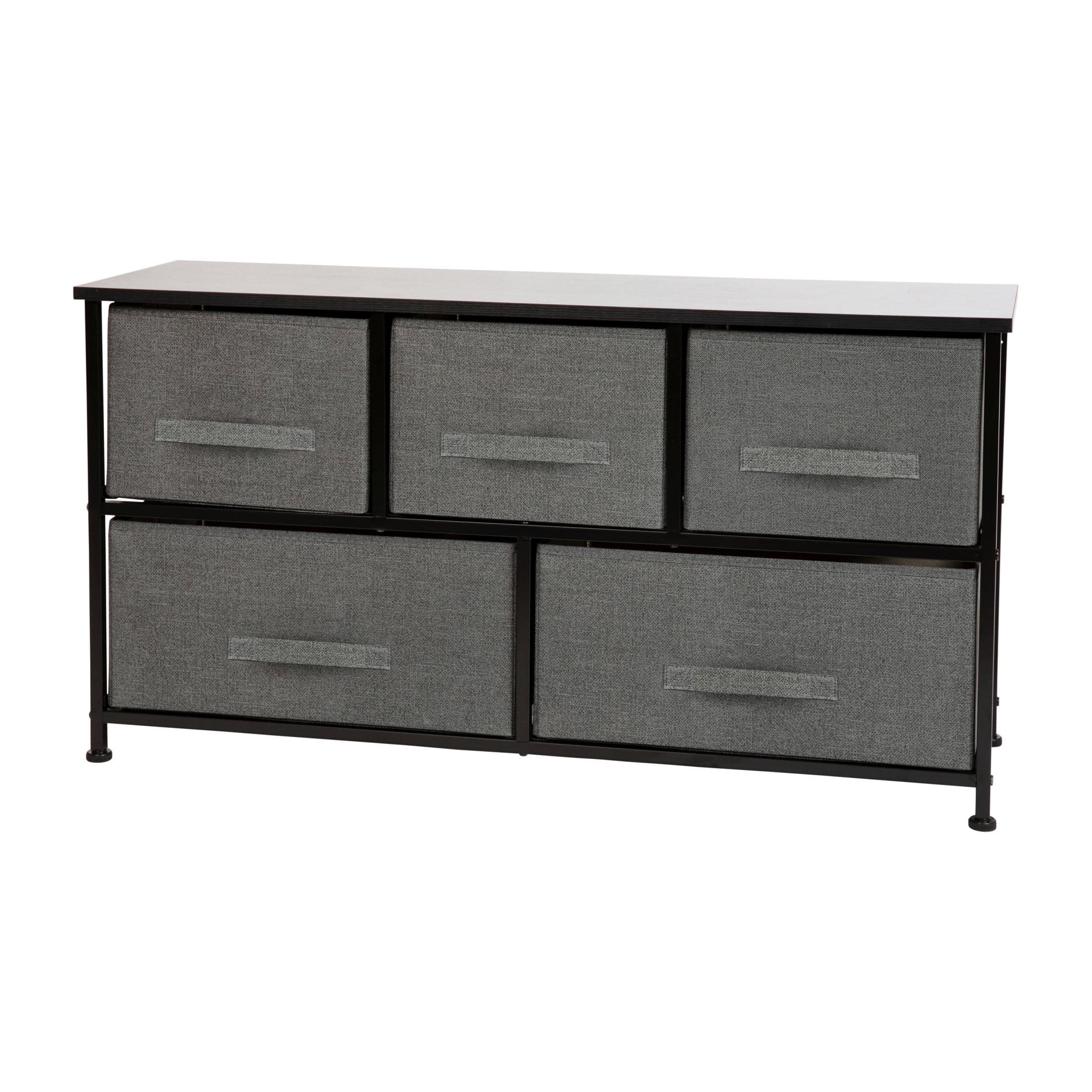 Flash Furniture 5 Drawer Wood Top Black Cast Iron Frame Vertical Storage Dresser with Dark Gray Easy Pull Fabric Drawers