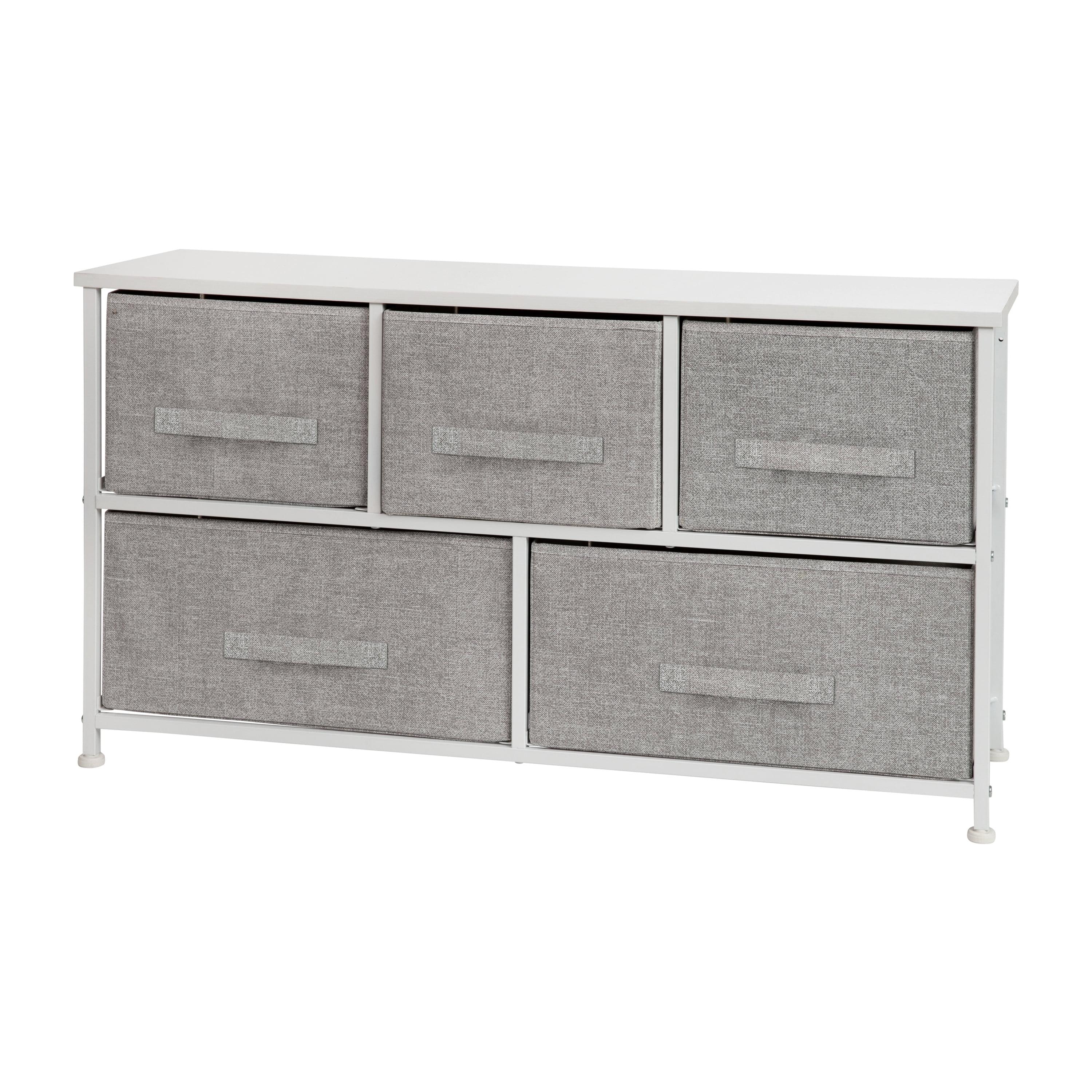 White Cast Iron Frame Vertical Storage Dresser with Light Gray Fabric Drawers