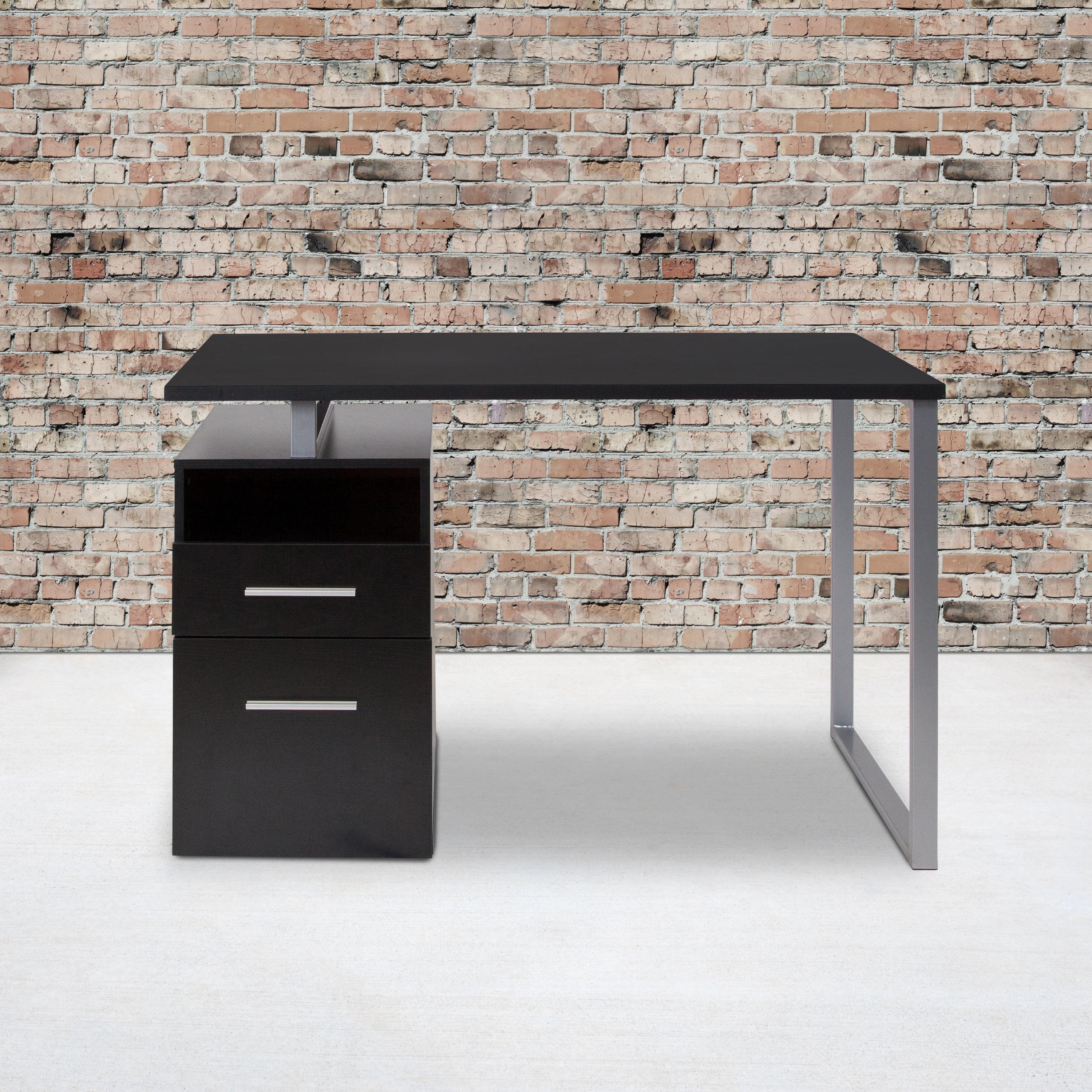 Harwood Dark Ash 51" Computer Desk with Silver Metal Frame and Drawers