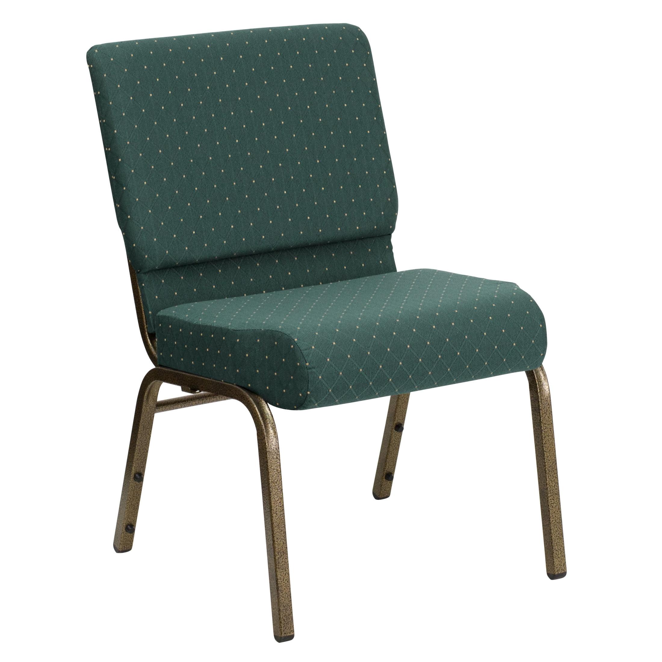 BizChair 21''W Stacking Church Chair in Hunter Green Dot Patterned Fabric - Gold Vein Frame
