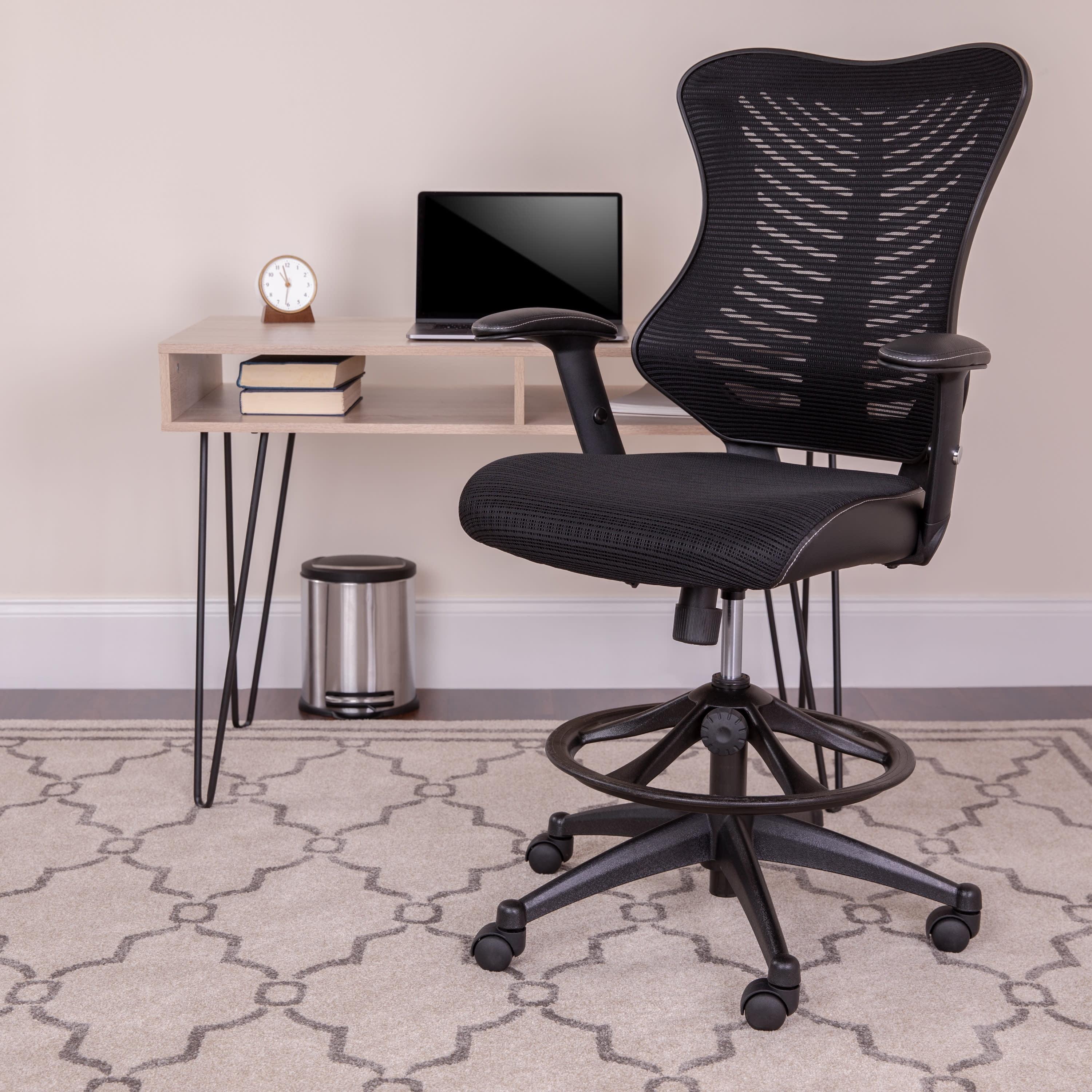 Ergonomic High Back Black Mesh Drafting Chair with Leather Accents