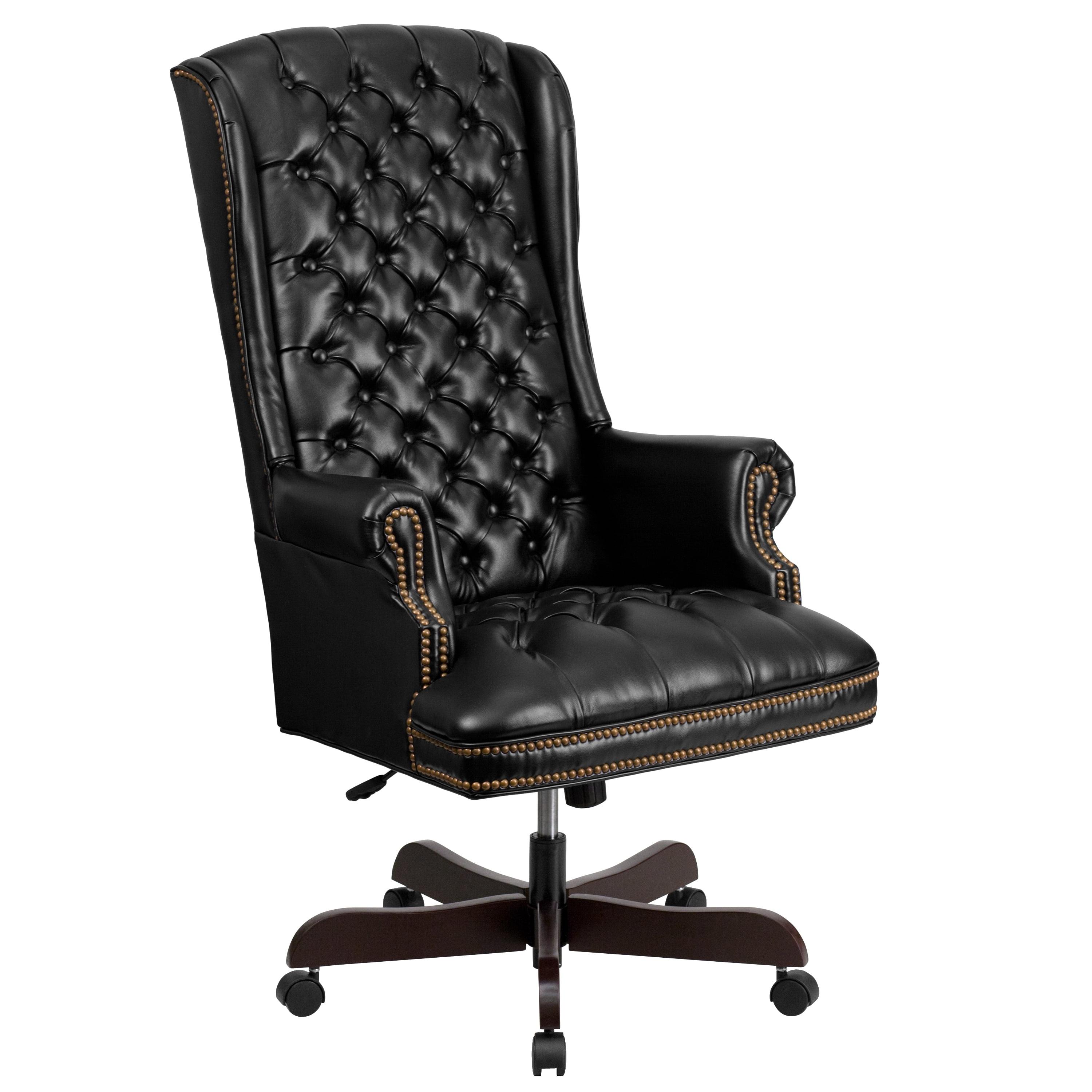 Ergonomic High Back Black LeatherSoft Executive Swivel Chair with Mahogany Wood Base