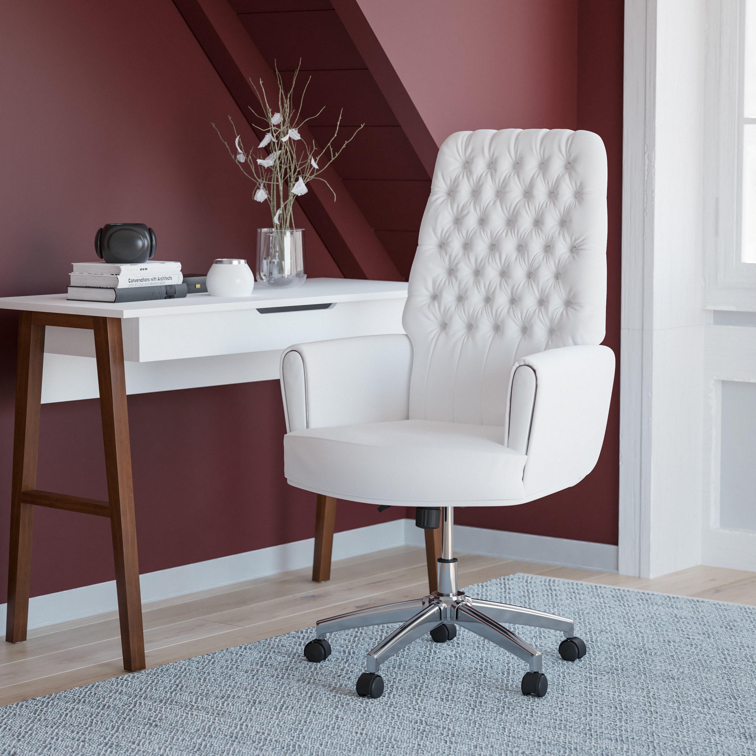 Ergonomic High Back White LeatherSoft Executive Swivel Chair with Metal Accents