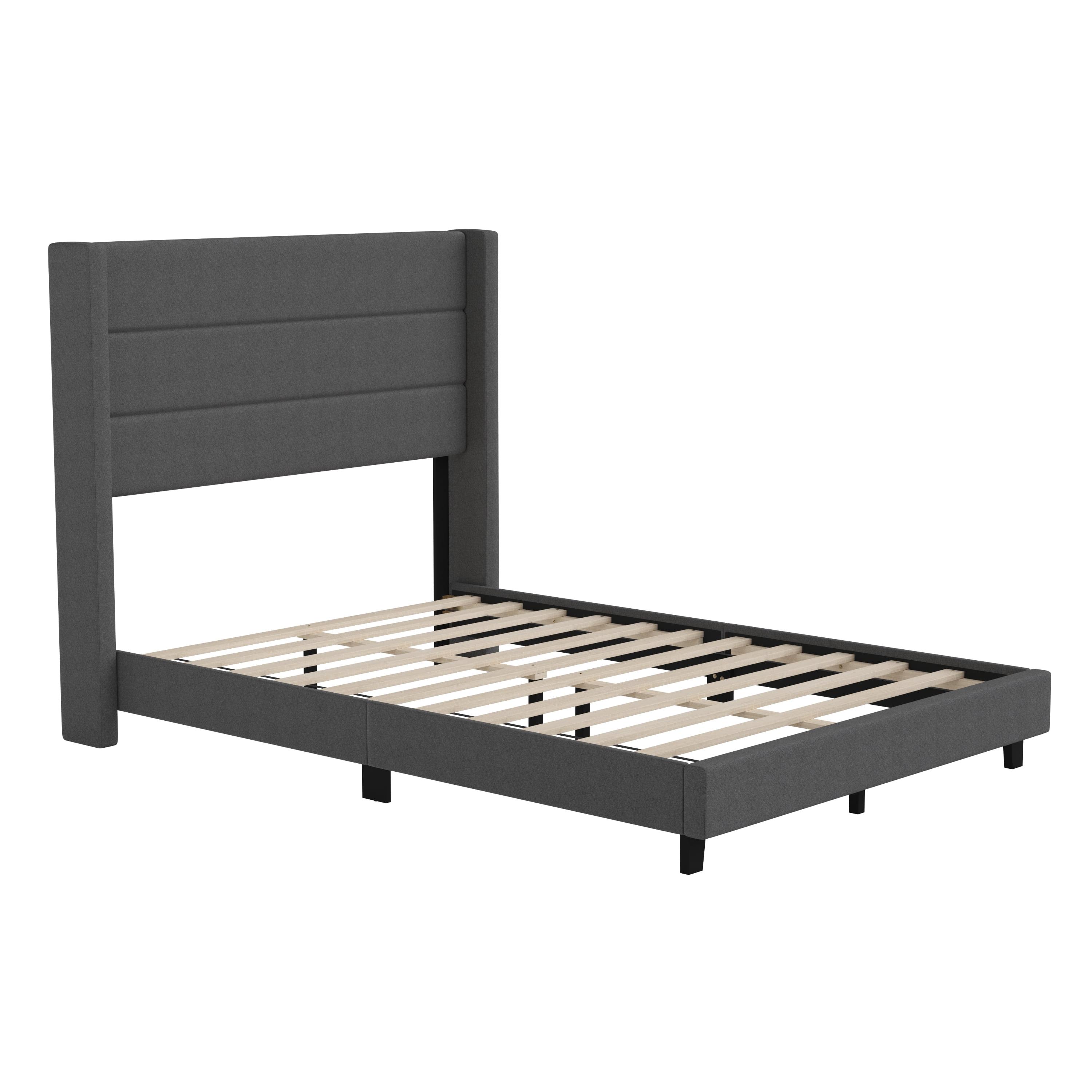 Charcoal Faux Linen Full Platform Bed with Wingback Headboard