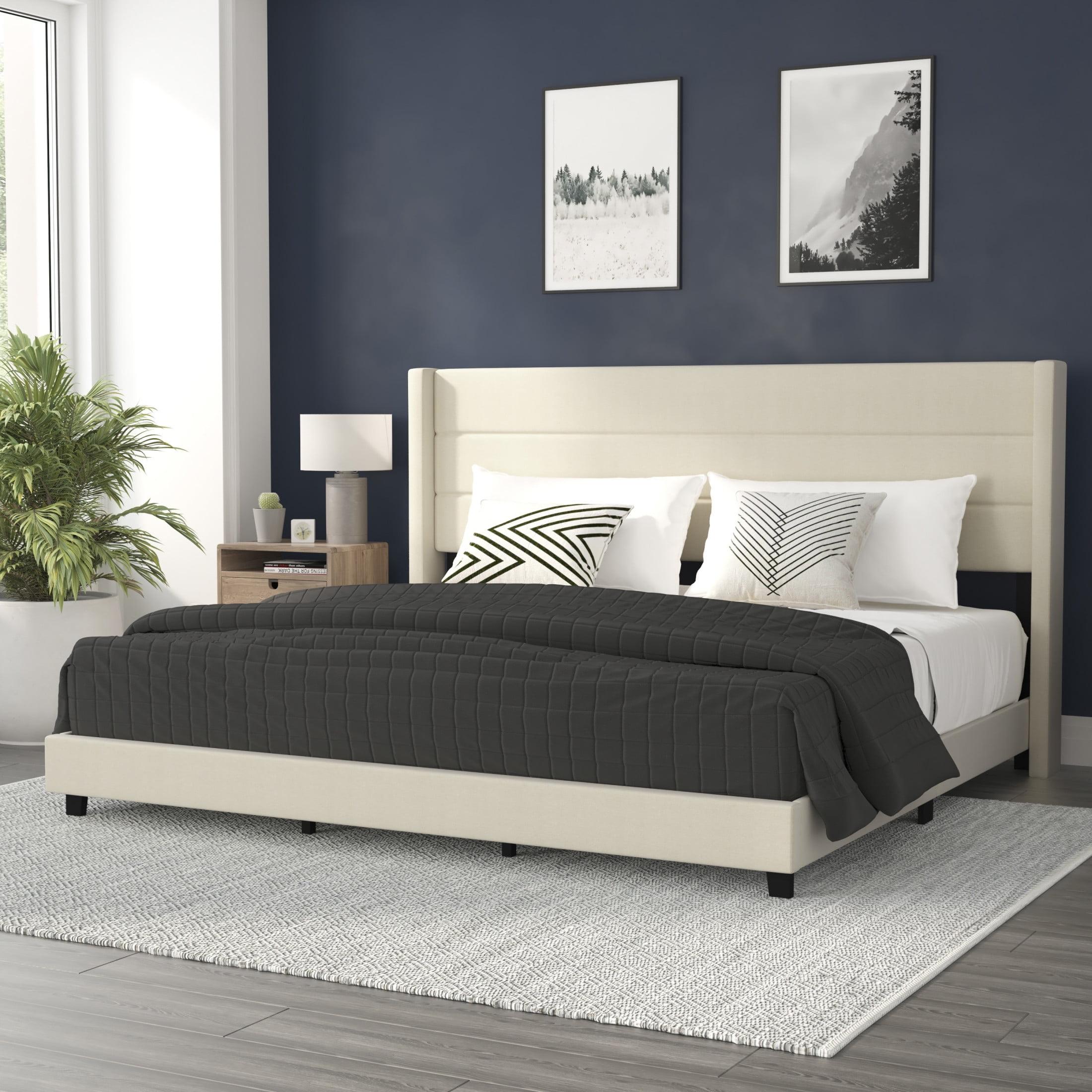 Flash Furniture King Size Upholstered Platform Bed with Wingback Headboard-Beige Faux Linen