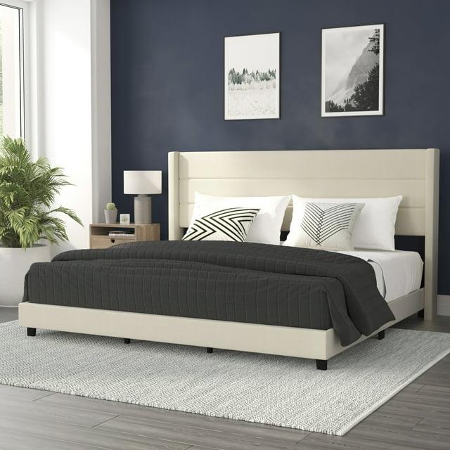 Flash Furniture King Size Upholstered Platform Bed with Wingback Headboard-Beige Faux Linen
