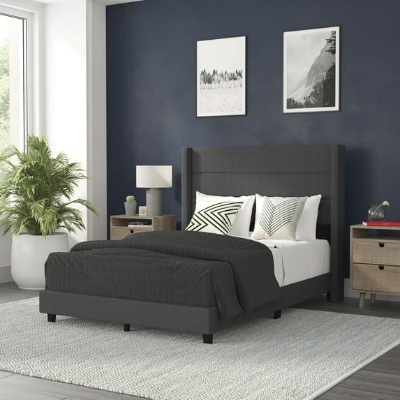 Flash Furniture Full Size Upholstered Platform Bed with Wingback Headboard-Charcoal Faux Linen