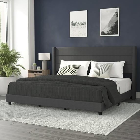 Flash Furniture King Size Upholstered Platform Bed with Wingback Headboard-Charcoal Faux Linen