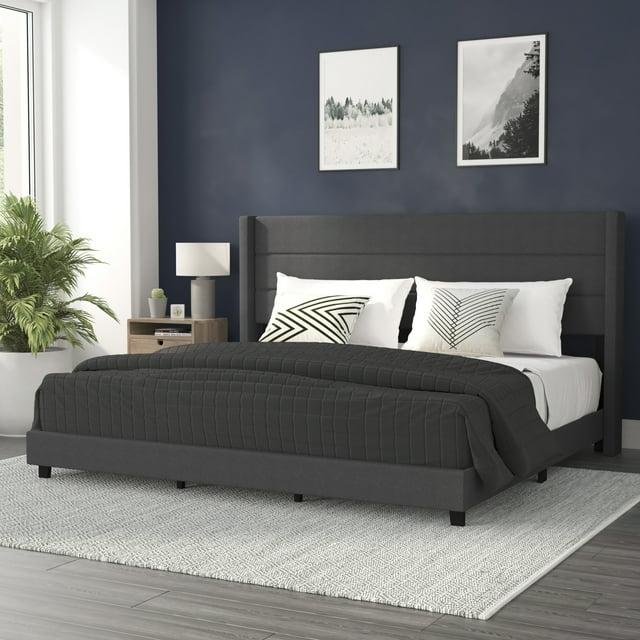 Flash Furniture King Size Upholstered Platform Bed with Wingback Headboard-Charcoal Faux Linen