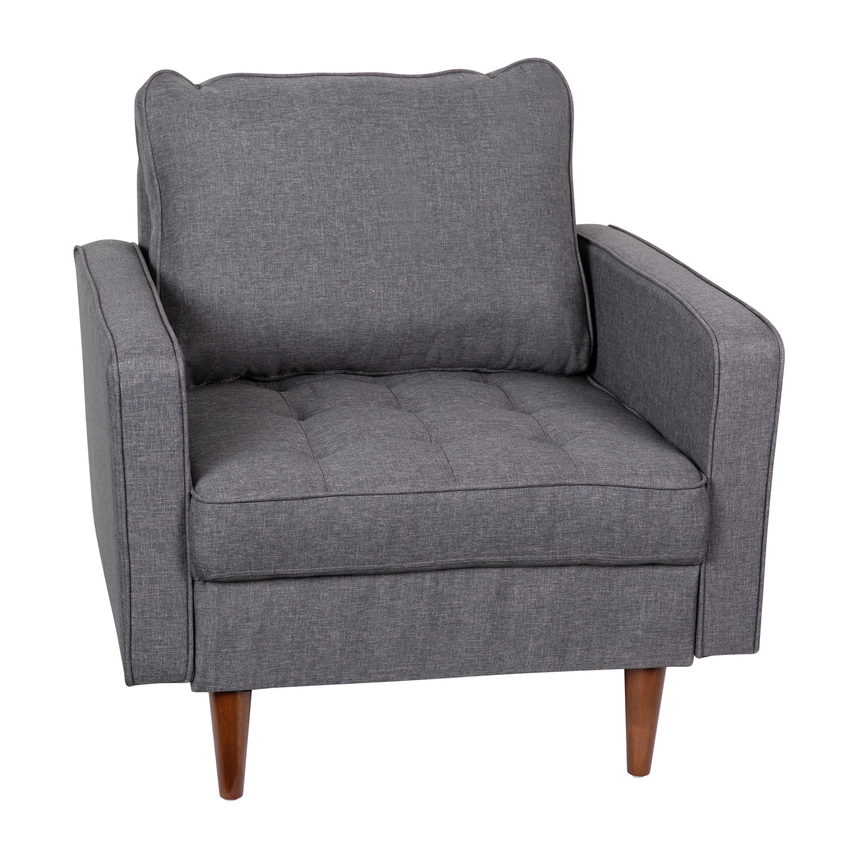 Flash Furniture Hudson Mid-Century Modern Commercial Grade Armchair with Tufted Faux Linen Upholstery & Solid Wood Legs in Dark Gray