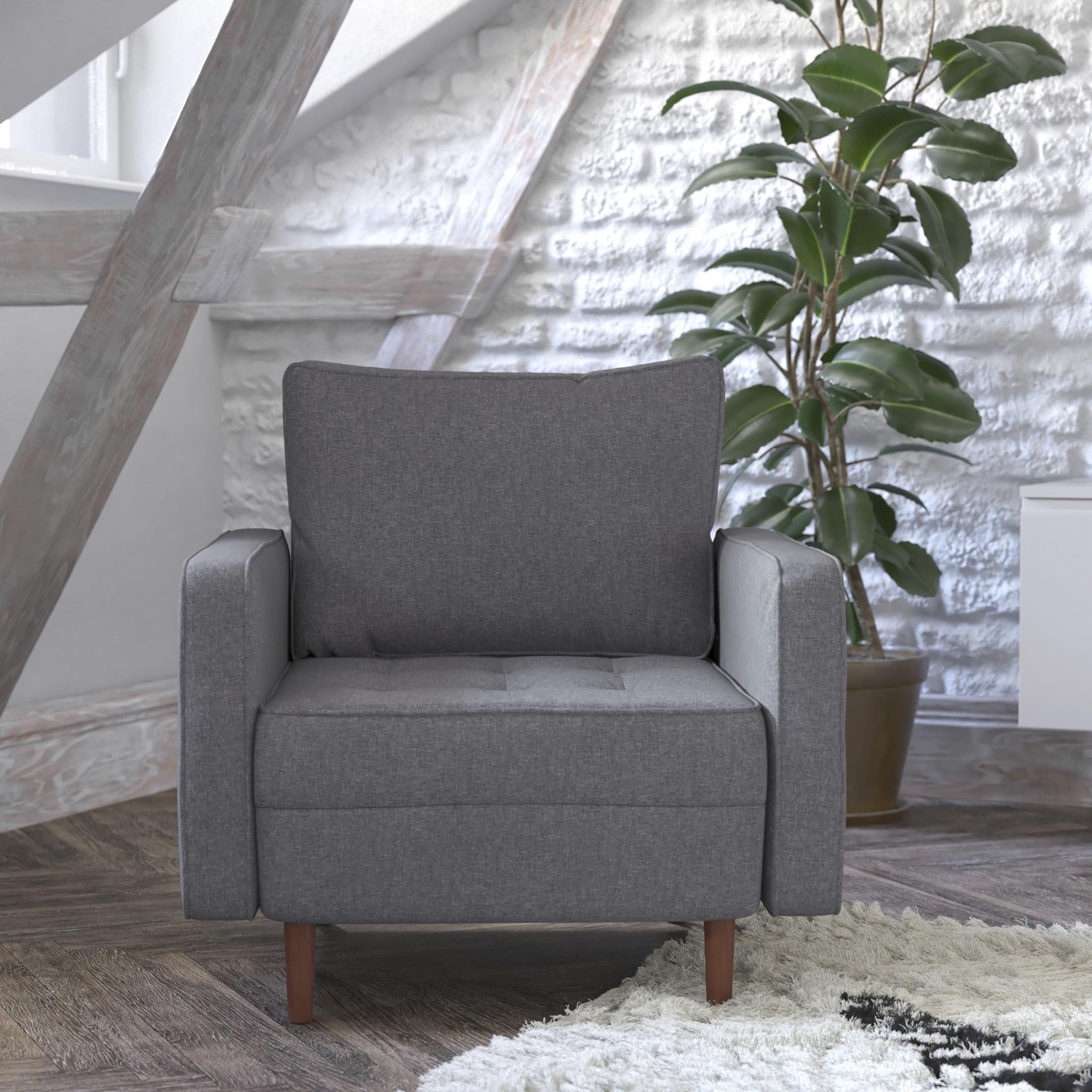 Flash Furniture Hudson Mid-Century Modern Commercial Grade Armchair with Tufted Faux Linen Upholstery & Solid Wood Legs in Dark Gray
