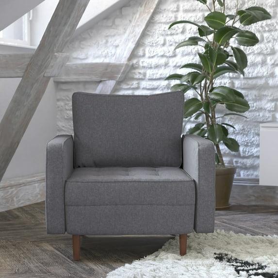 Flash Furniture Hudson Mid-Century Modern Commercial Grade Armchair with Tufted Faux Linen Upholstery & Solid Wood Legs in Dark Gray