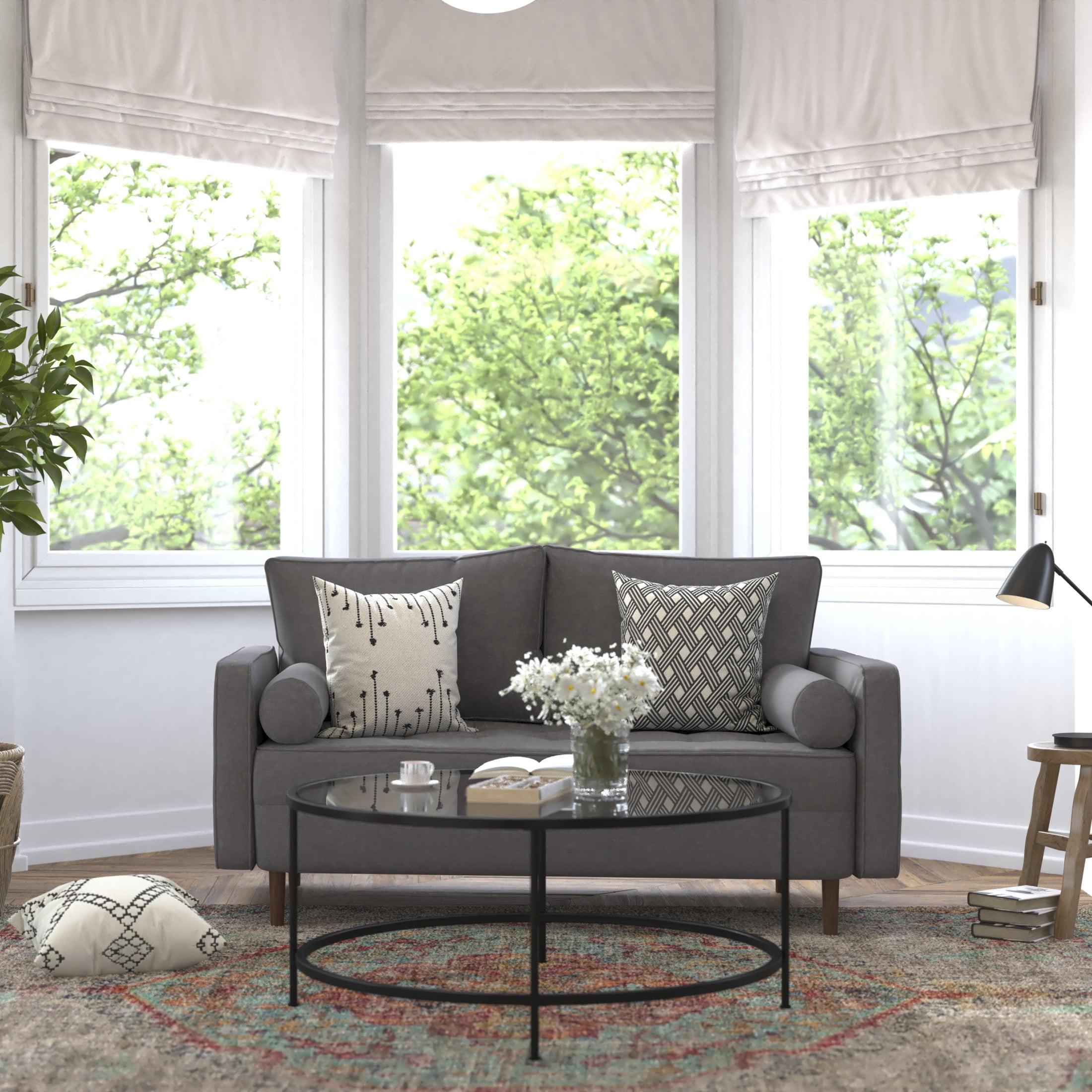 Flash Furniture Hudson Mid-Century Modern Loveseat Sofa with Tufted Faux Linen Upholstery & Solid Wood Legs in Dark Gray
