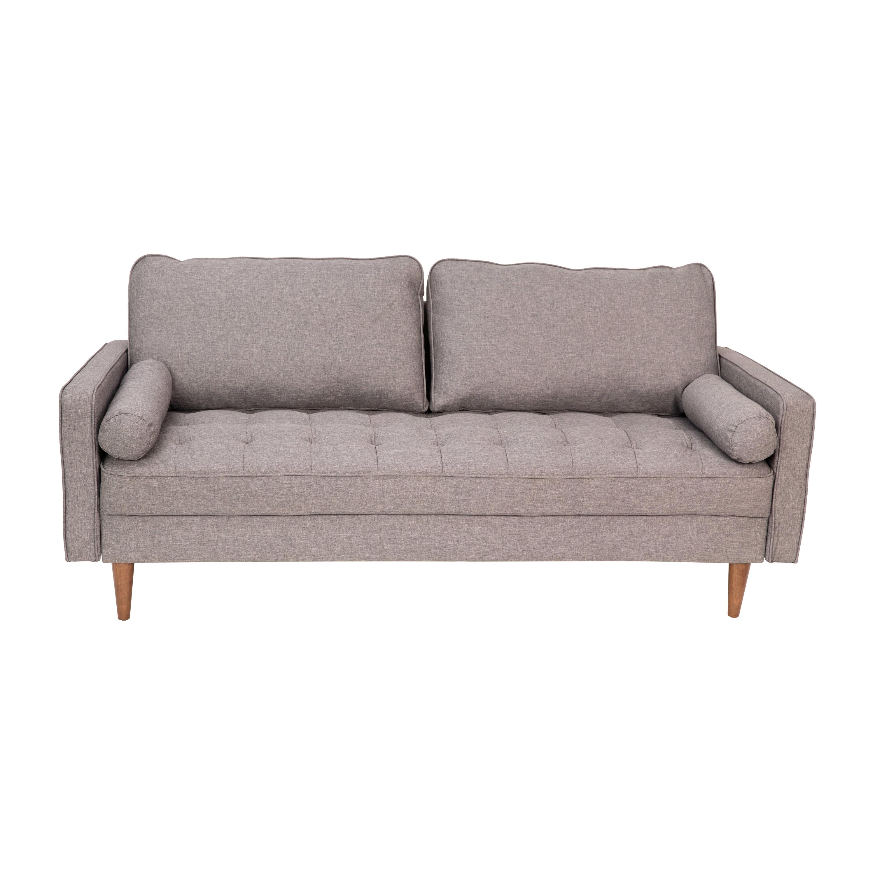 Flash Furniture Hudson Mid-Century Modern Sofa with Tufted Faux Linen Upholstery & Solid Wood Legs in Slate Gray