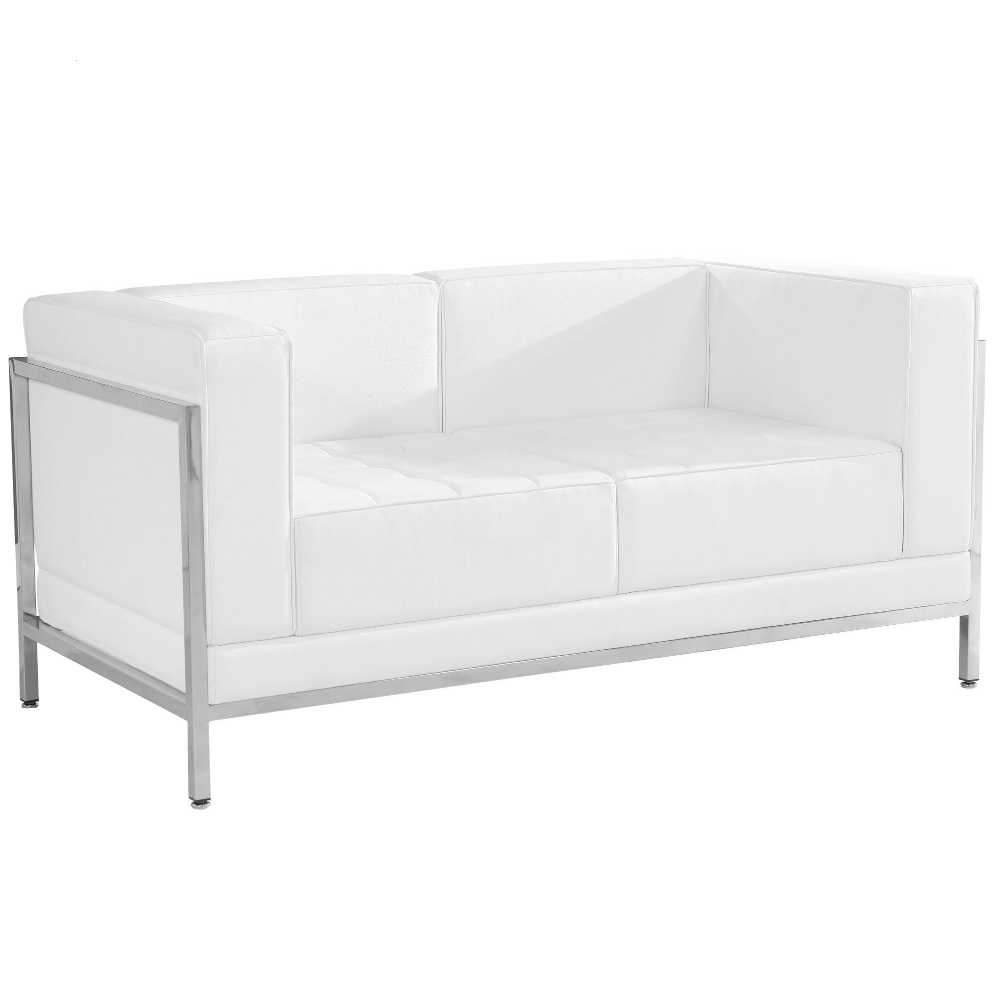 Melrose White Tufted Leather Loveseat with Metal Track Arms