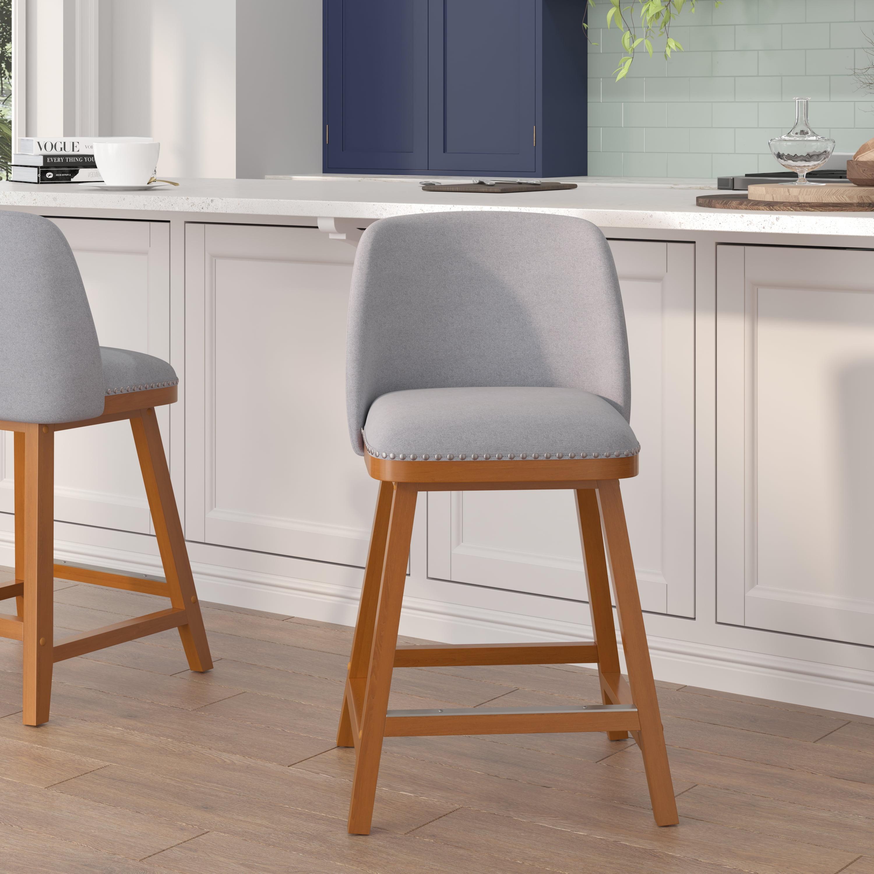 Gray Faux Linen Upholstered Counter Stools with Nailhead Trim