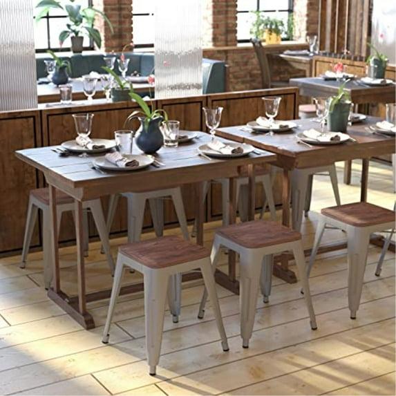 Flash Furniture 18" Backless Table Height Stool with Wooden Seat, Stackable Silver Metal Indoor Dining Stool, Commercial Grade - Set of 4