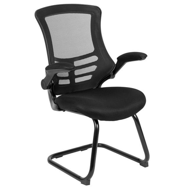 Flash Furniture Kelista Black Mesh Sled Base Side Reception Chair with Flip-Up Arms