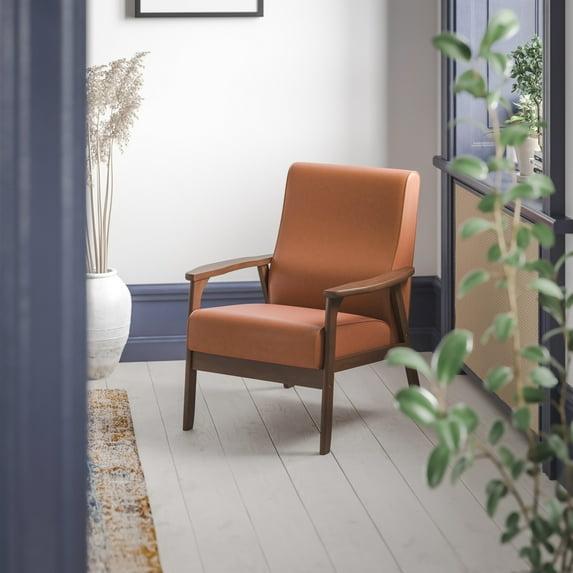 Flash Furniture Langston Commercial Grade LeatherSoft Upholstered Mid Century Modern Arm Chair with Walnut Finished Wooden Frame and Arms in Cognac