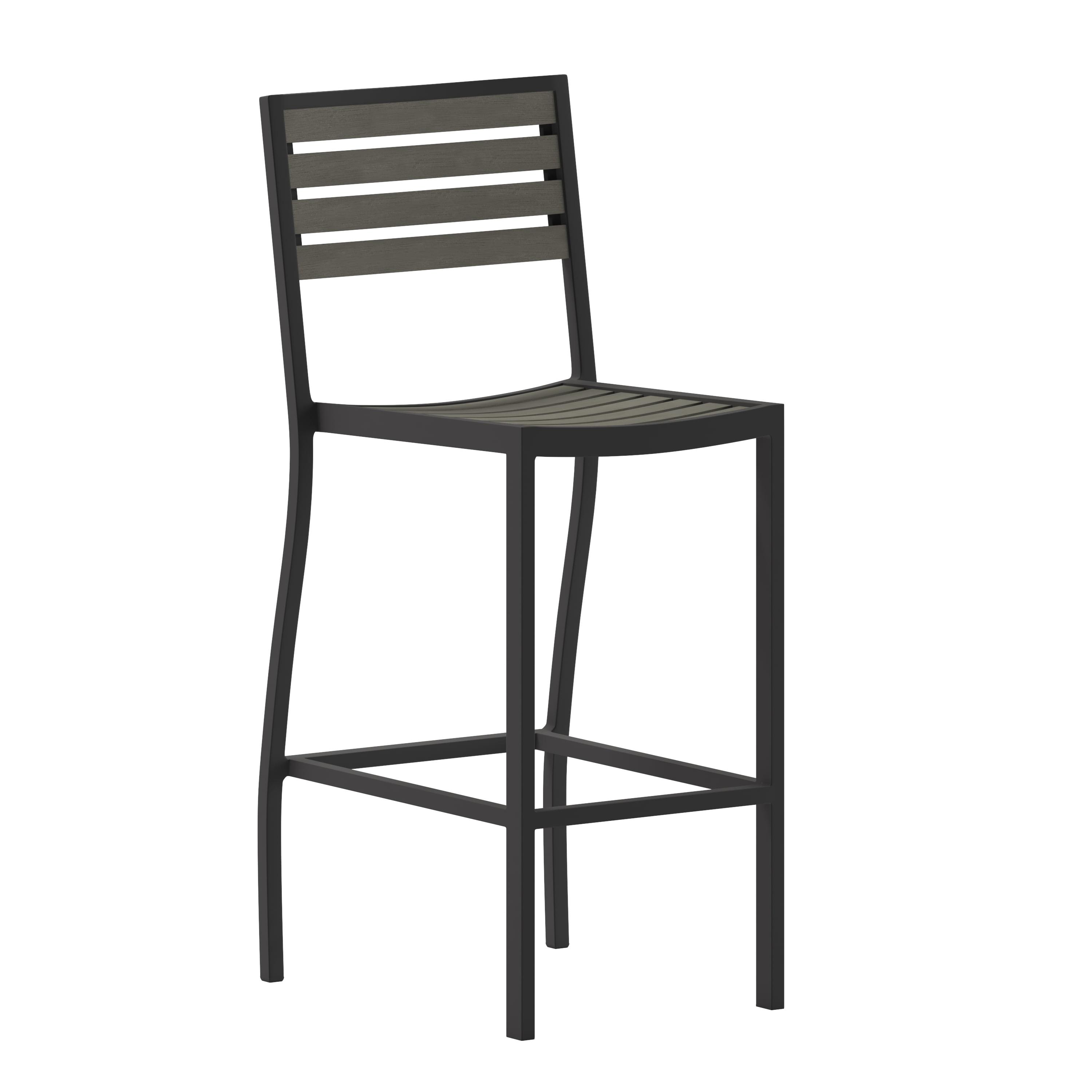 Gray Wash Aluminum Frame Armless Bar Stool with Faux Wood Slats