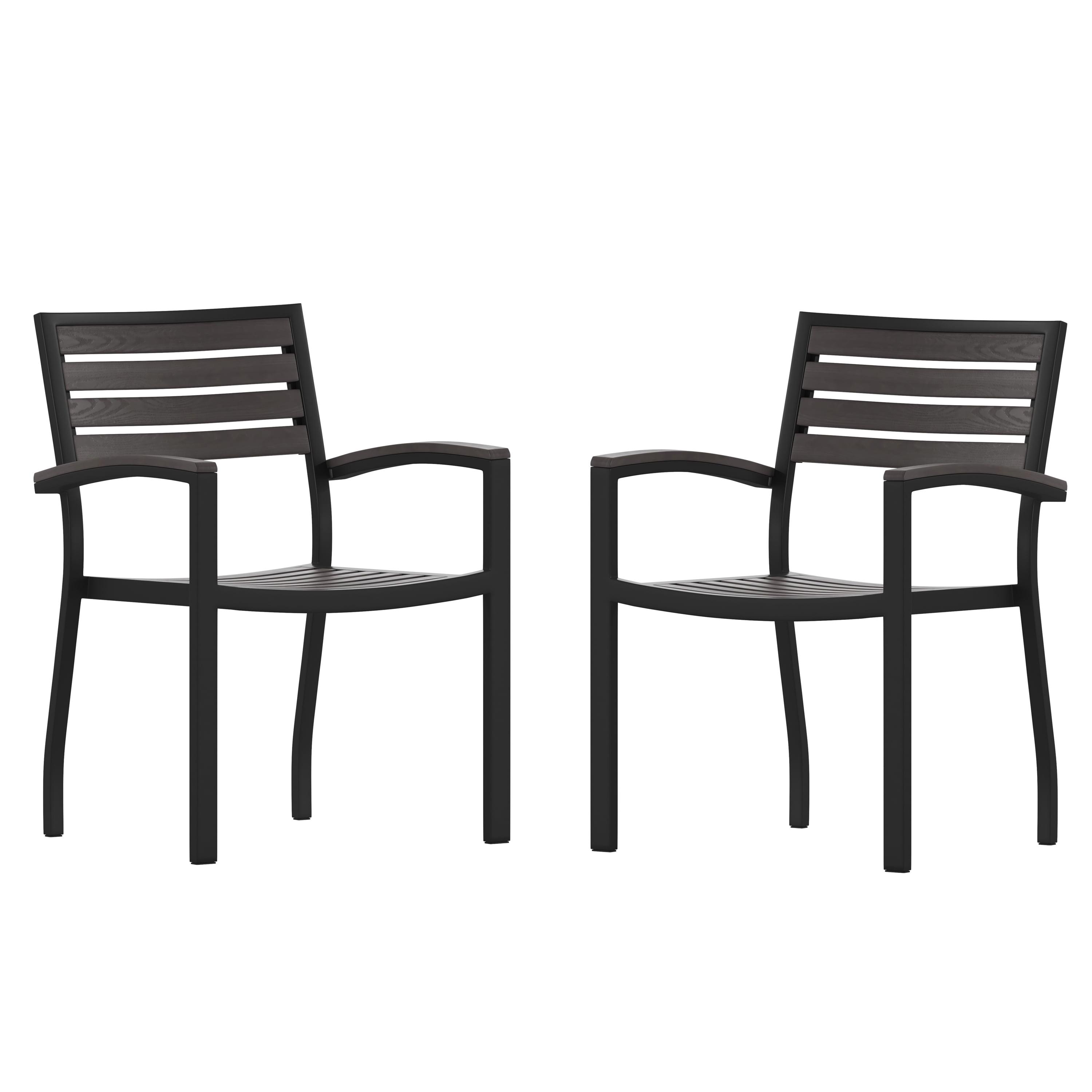 All-Season Gray Faux Teak & Black Aluminum Patio Chair Pair