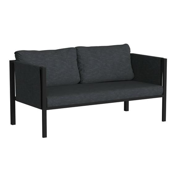 Flash Furniture Lea Indoor/Outdoor Loveseat with Cushions - Modern Steel Framed Chair with Storage Pockets, Black with Charcoal Cushions
