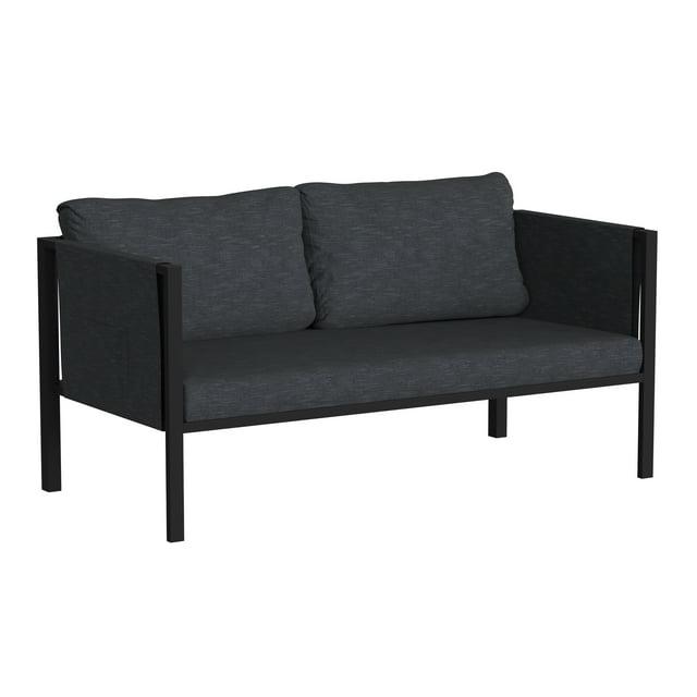 Flash Furniture Lea Indoor/Outdoor Loveseat with Cushions - Modern Steel Framed Chair with Storage Pockets, Black with Charcoal Cushions