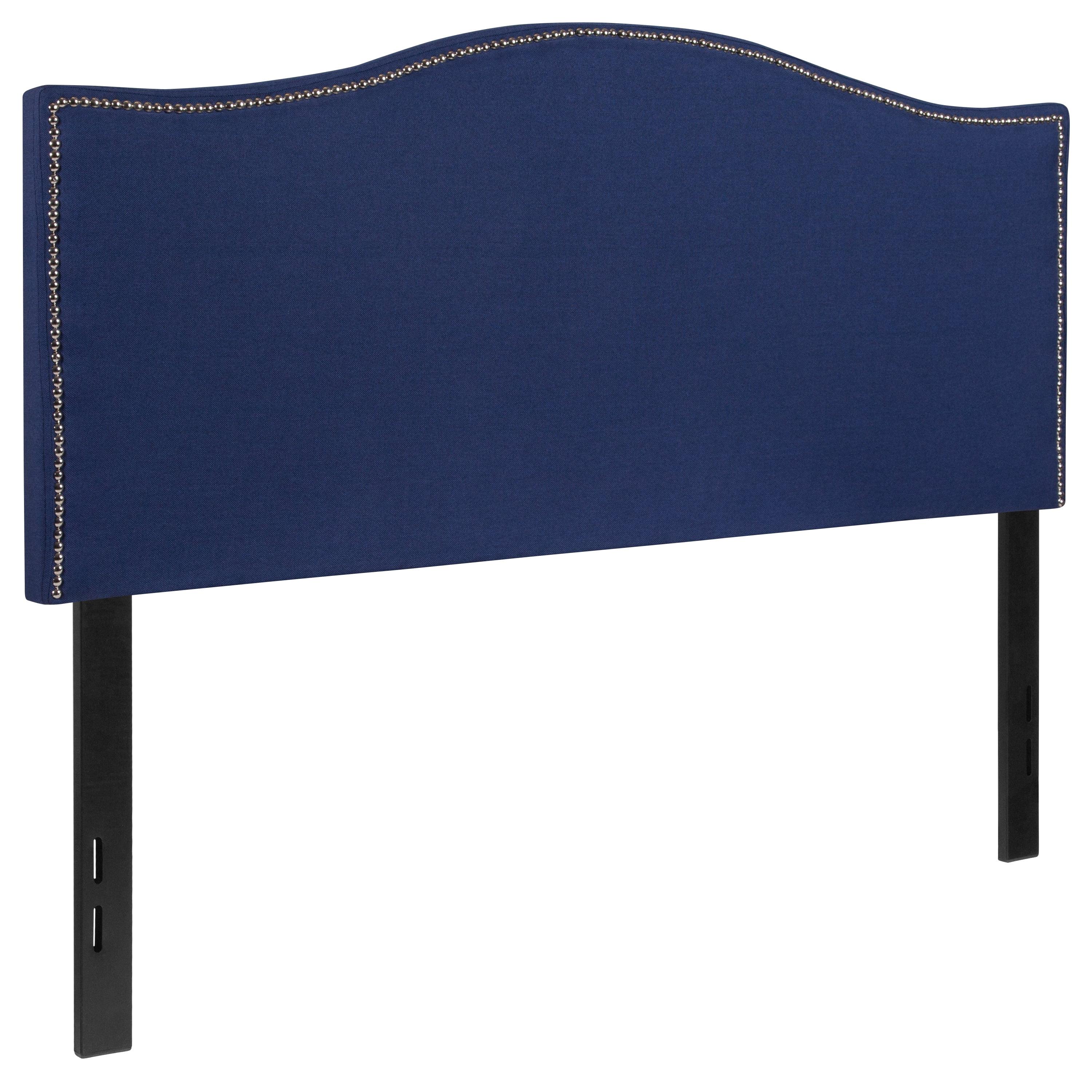 Navy Upholstered Full Headboard with Brass Nail Trim