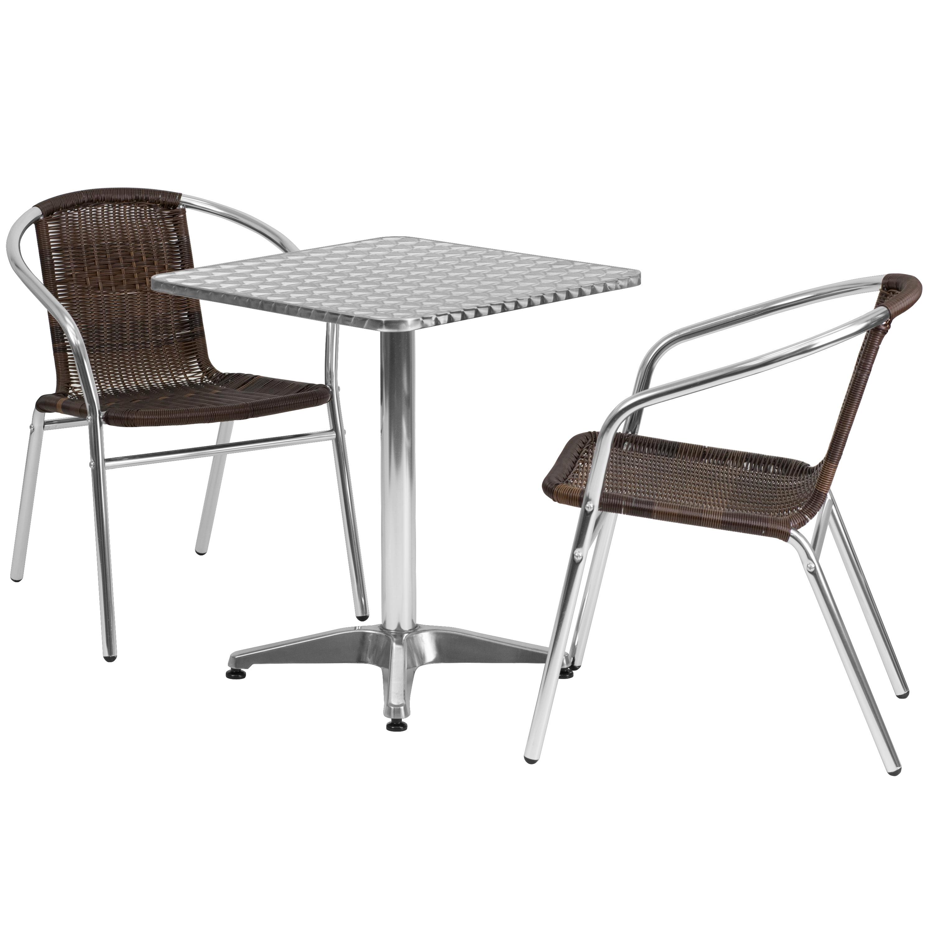 27.5'' Square Stainless Steel Table & 2 Dark Brown Rattan Chairs Set