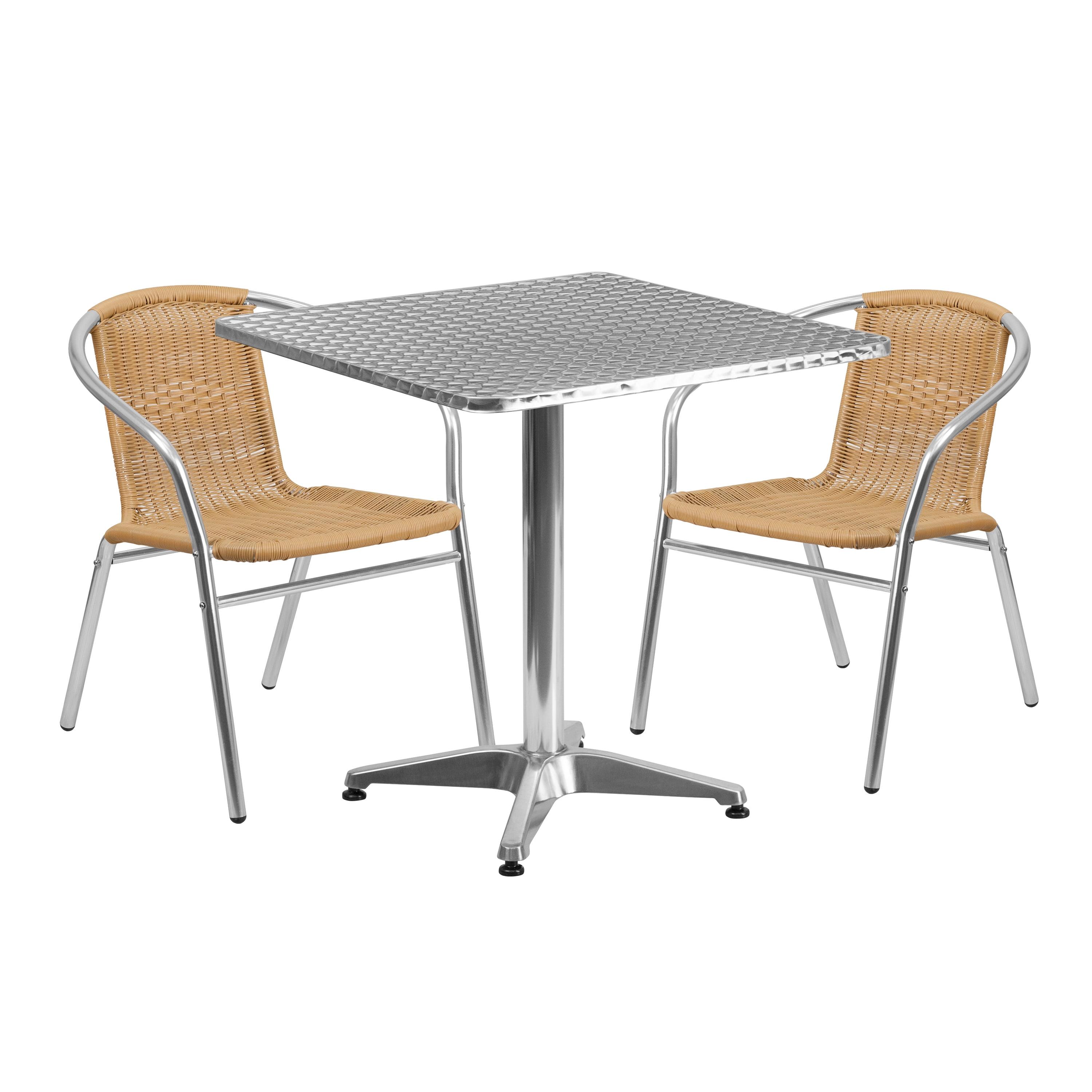 27.5'' Square Stainless Steel Dining Table Set with Beige Rattan Chairs