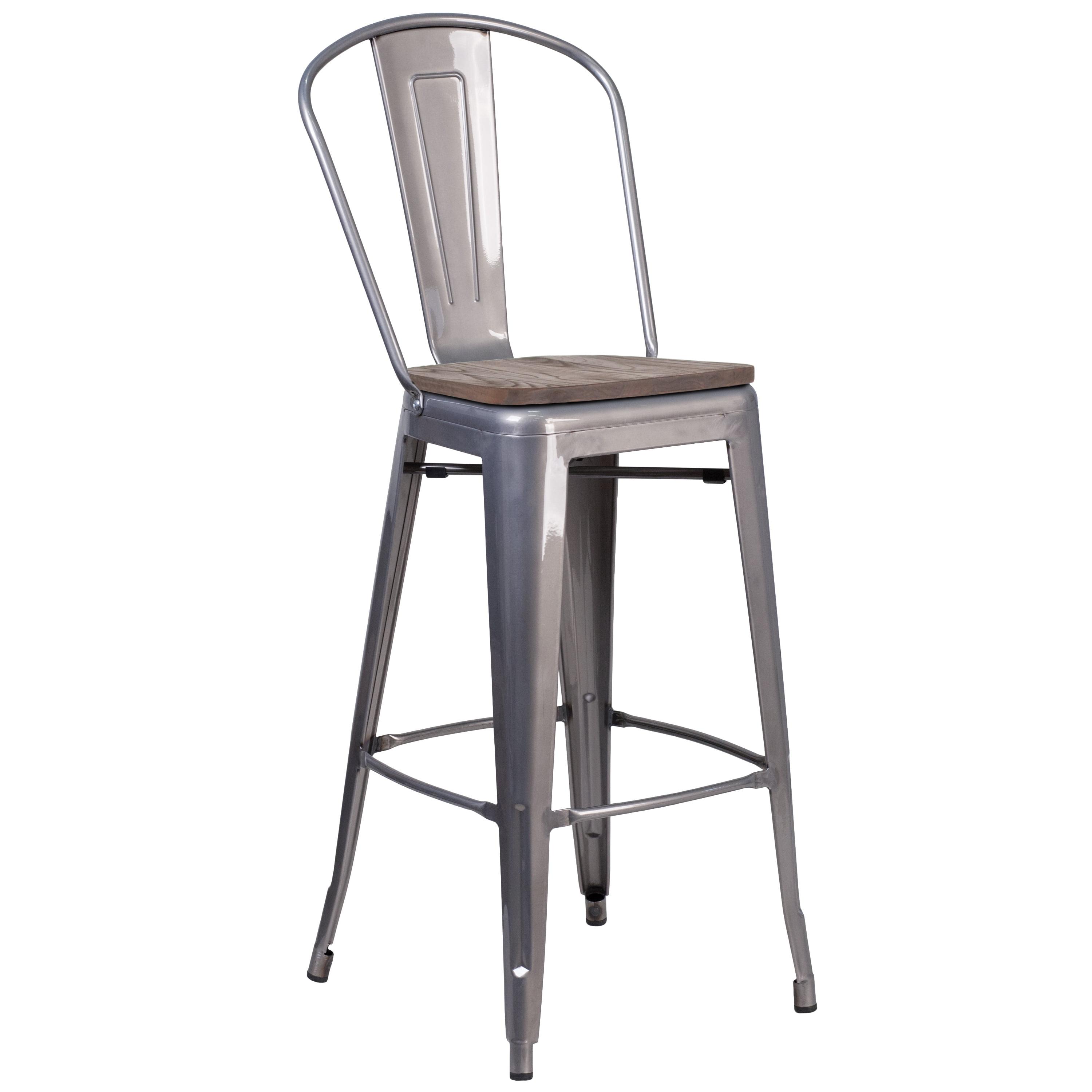 Rustic Silver Metal and Wood 30" Barstool with High Back