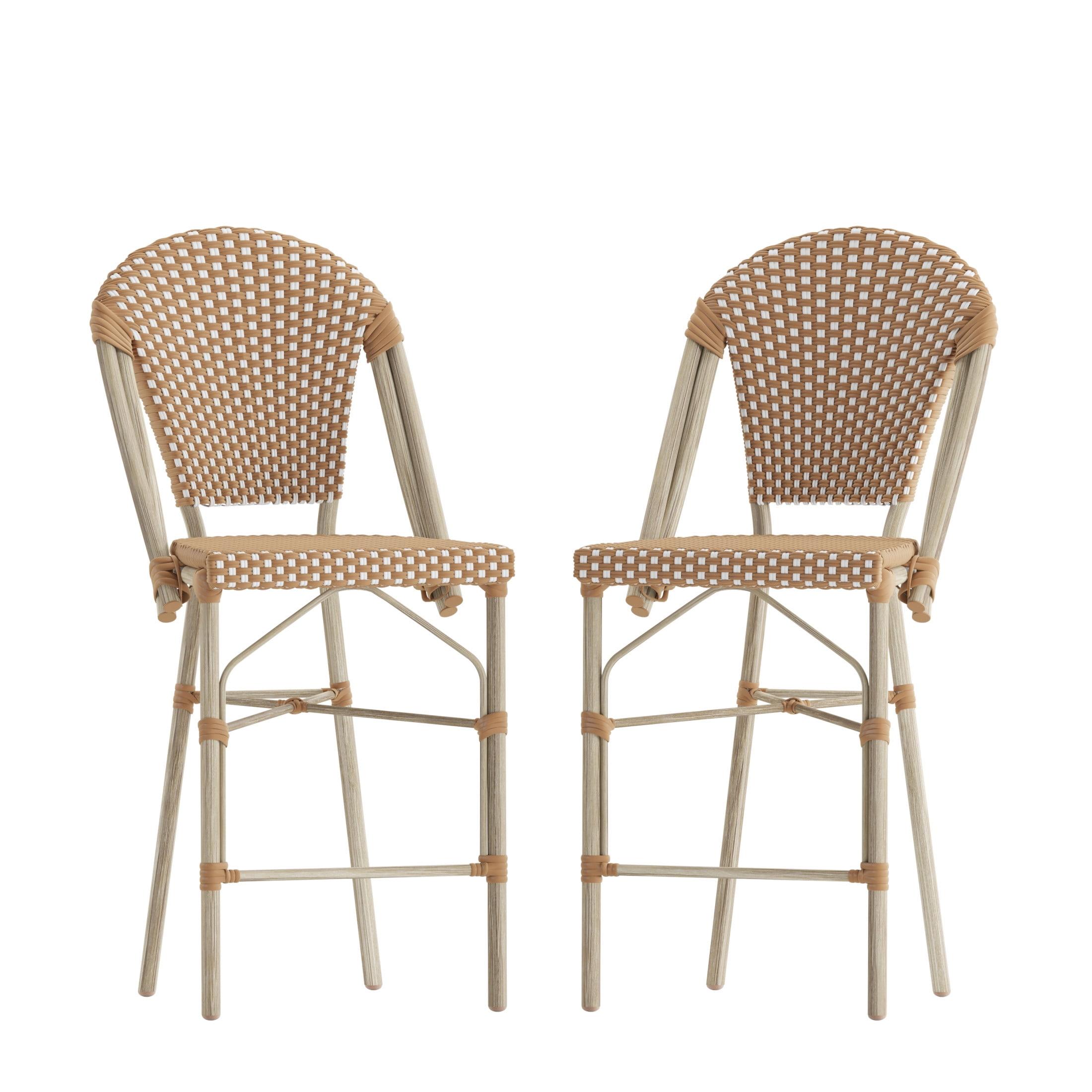 Natural and White Rattan Bistro Counter Stools, Set of 2