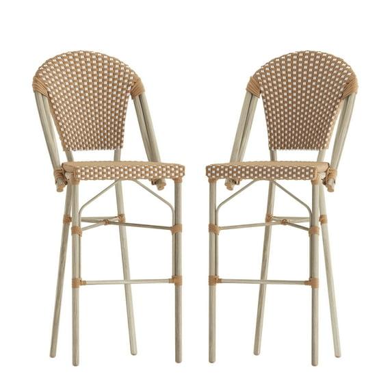 Flash Furniture Lourdes Set of 2 Stackable Indoor/Outdoor Bistro 30" High Bar Stools, Commercial Grade, Natural/White and Light Natural Finish