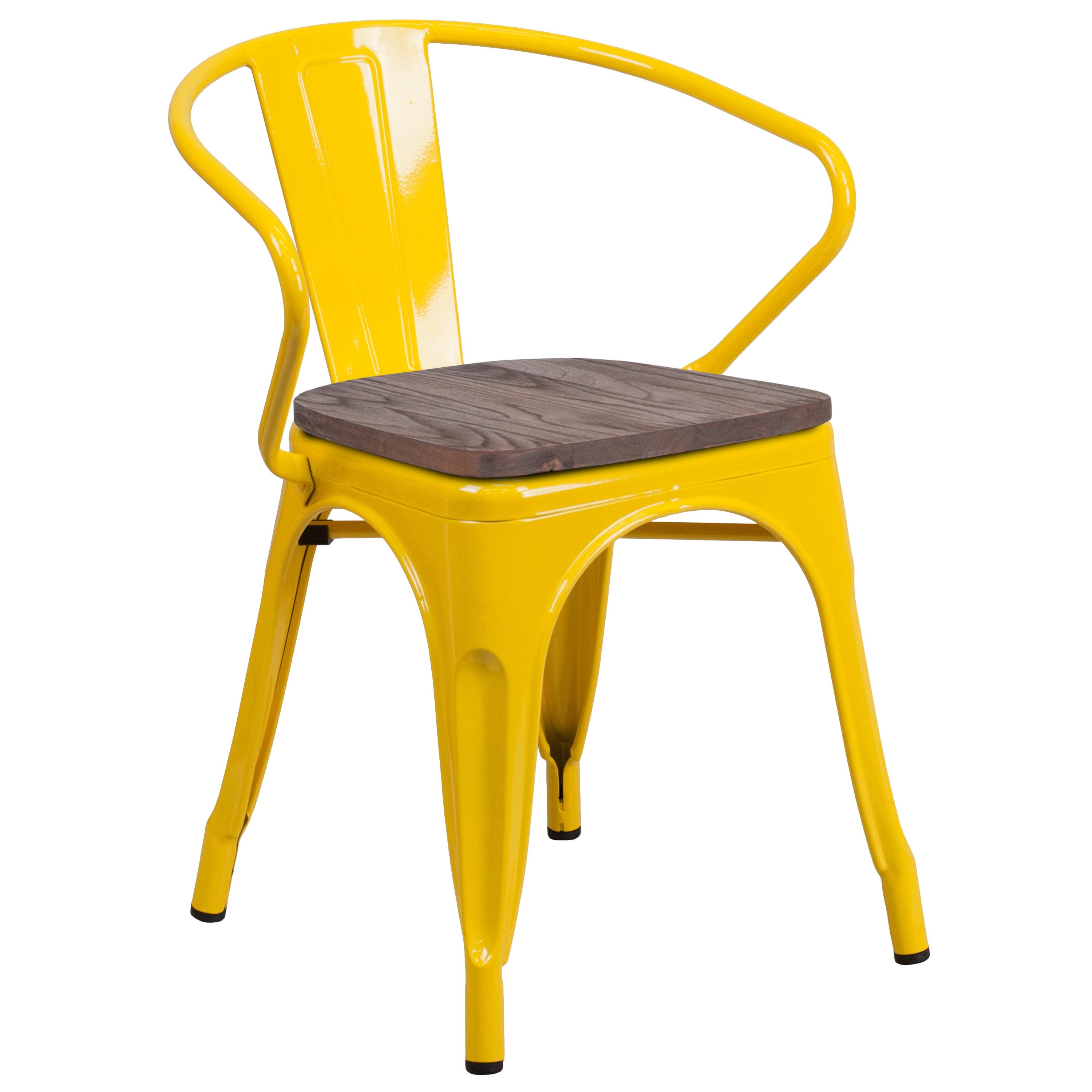 Luna Bistro Yellow Metal Arm Chair with Wood Accents