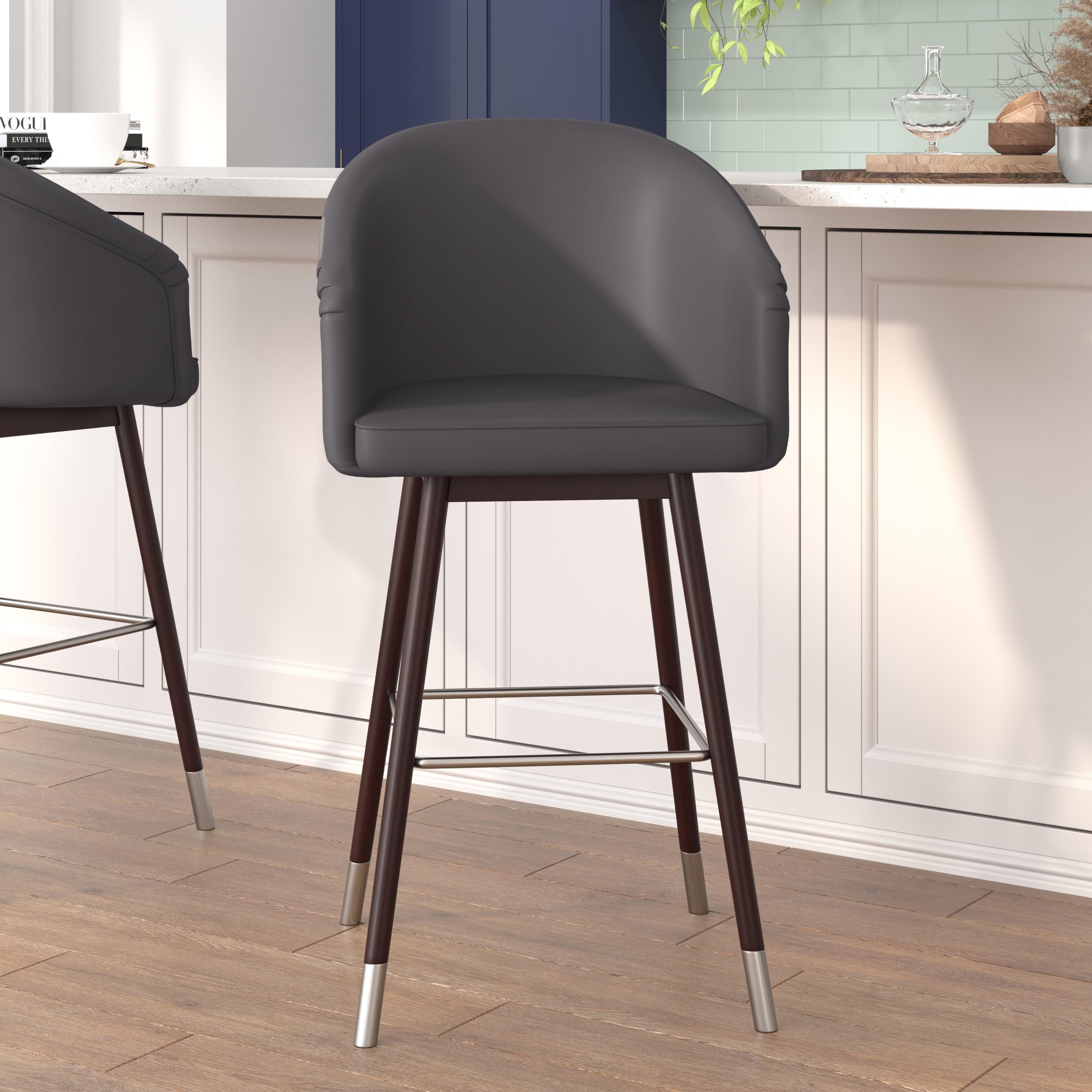 Adjustable Gray Leather & Walnut Metal Barstool 30"H