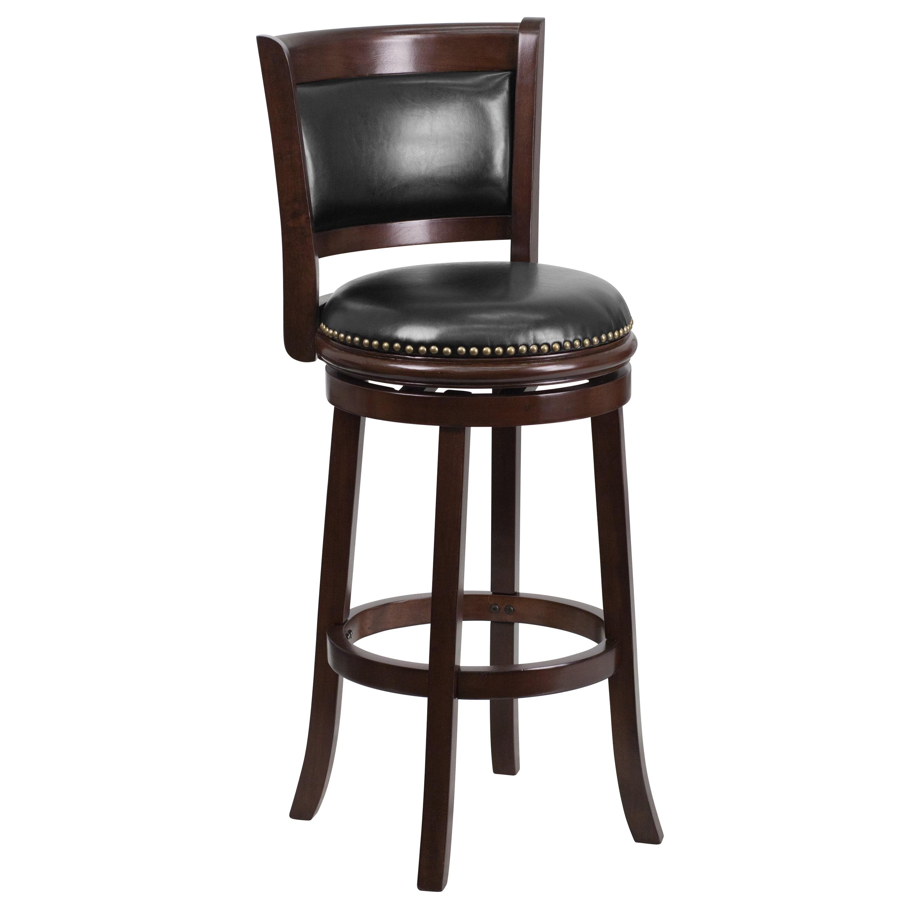 Elegant 43'' Black Leather and Cappuccino Wood Swivel Barstool