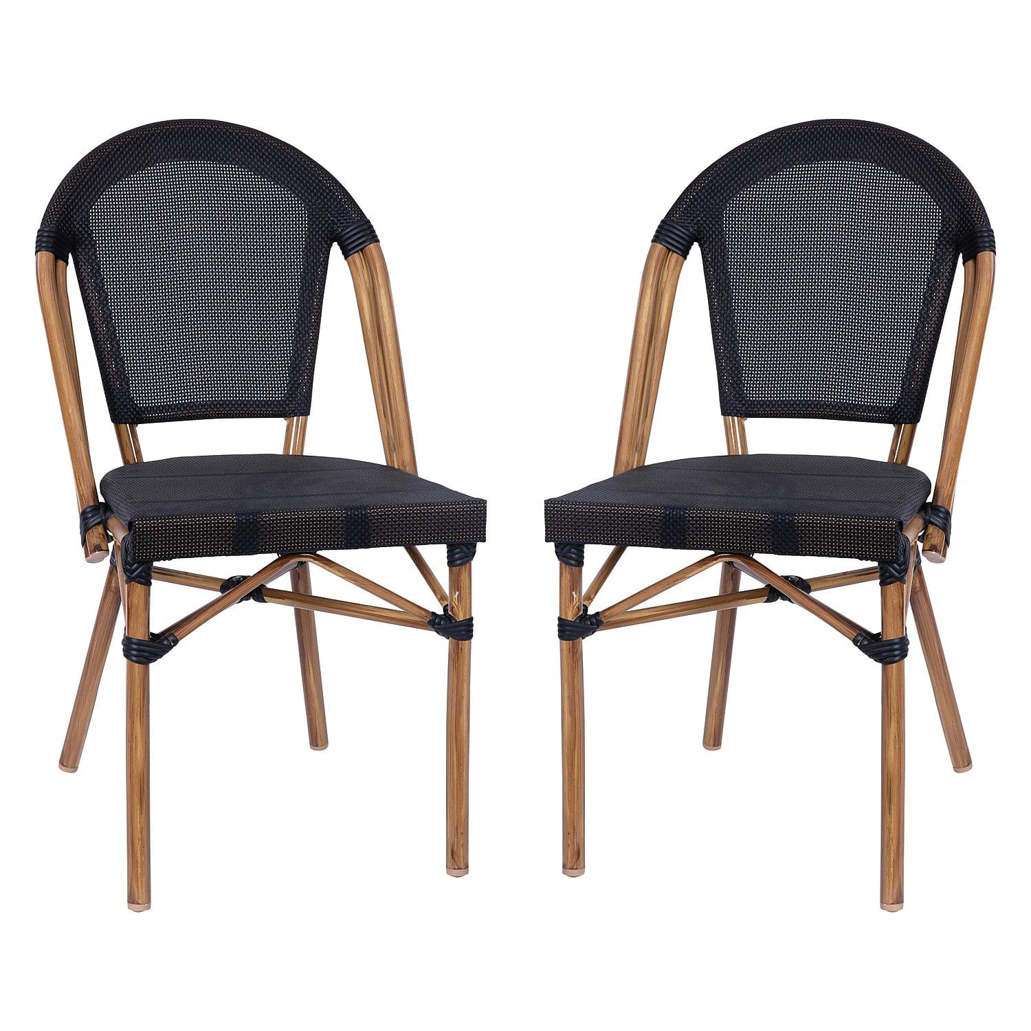 Flash Furniture Marseille Set of 2 Indoor/Outdoor Commercial Bistro Stacking Chairs, Textilene Backs and Seats, Bamboo Print Aluminum Frames