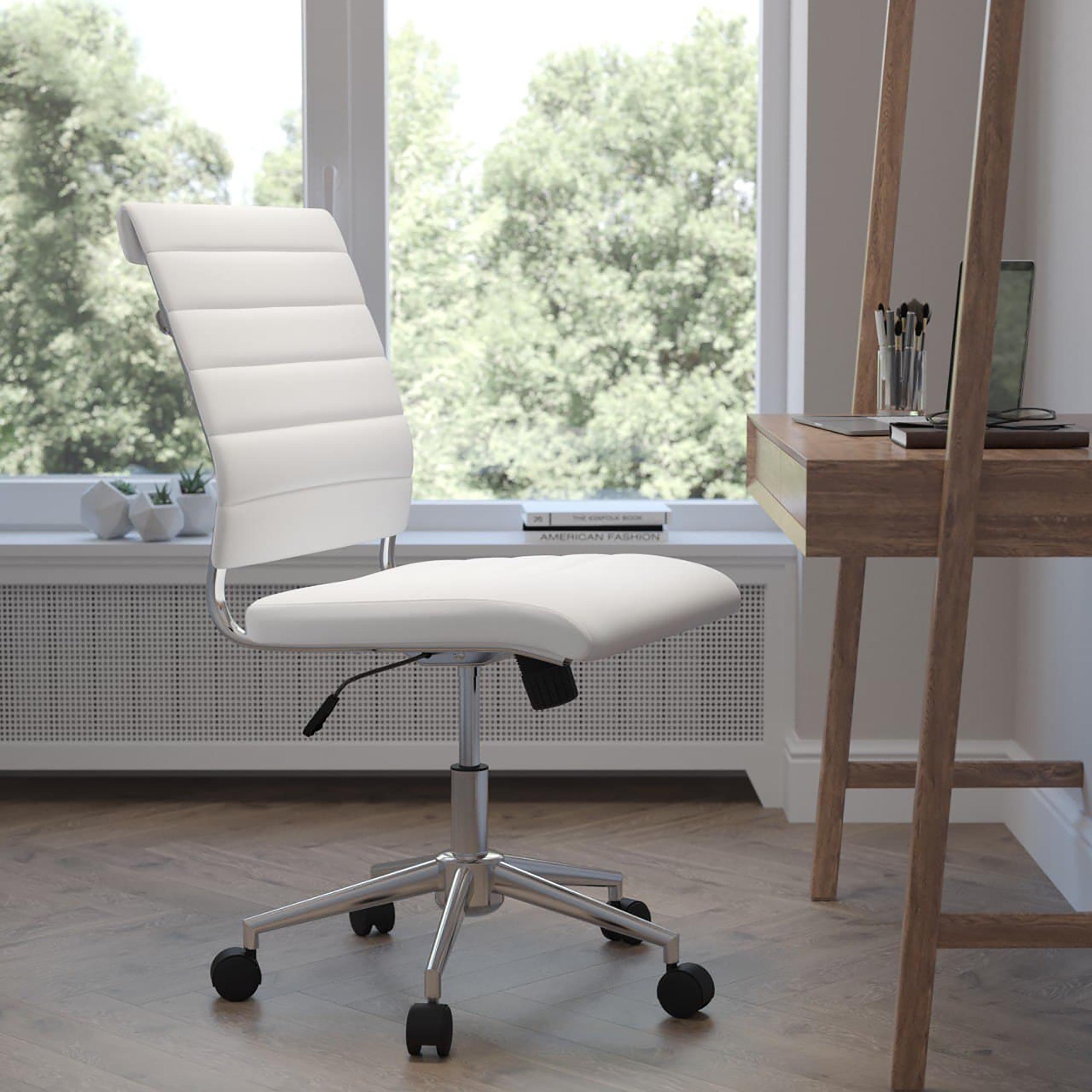 Executive High-Back Armless White Leather & Chrome Swivel Office Chair