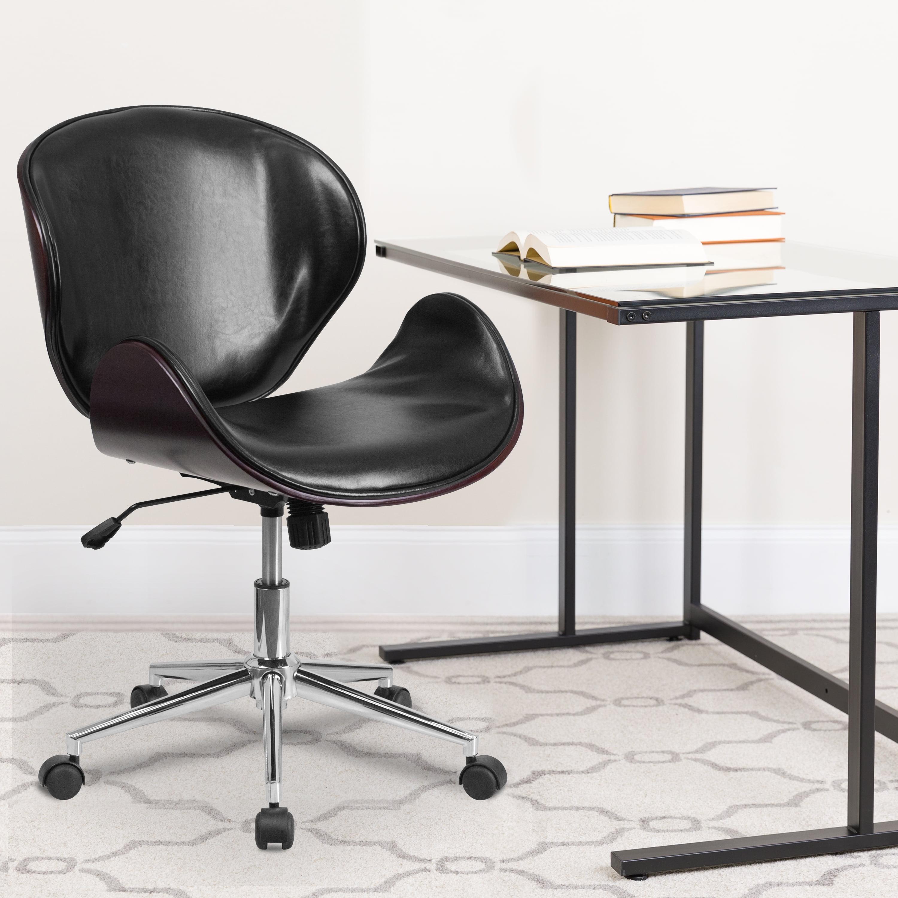 Ergonomic Mahogany Wood and Black Leather Mid-Back Swivel Office Chair