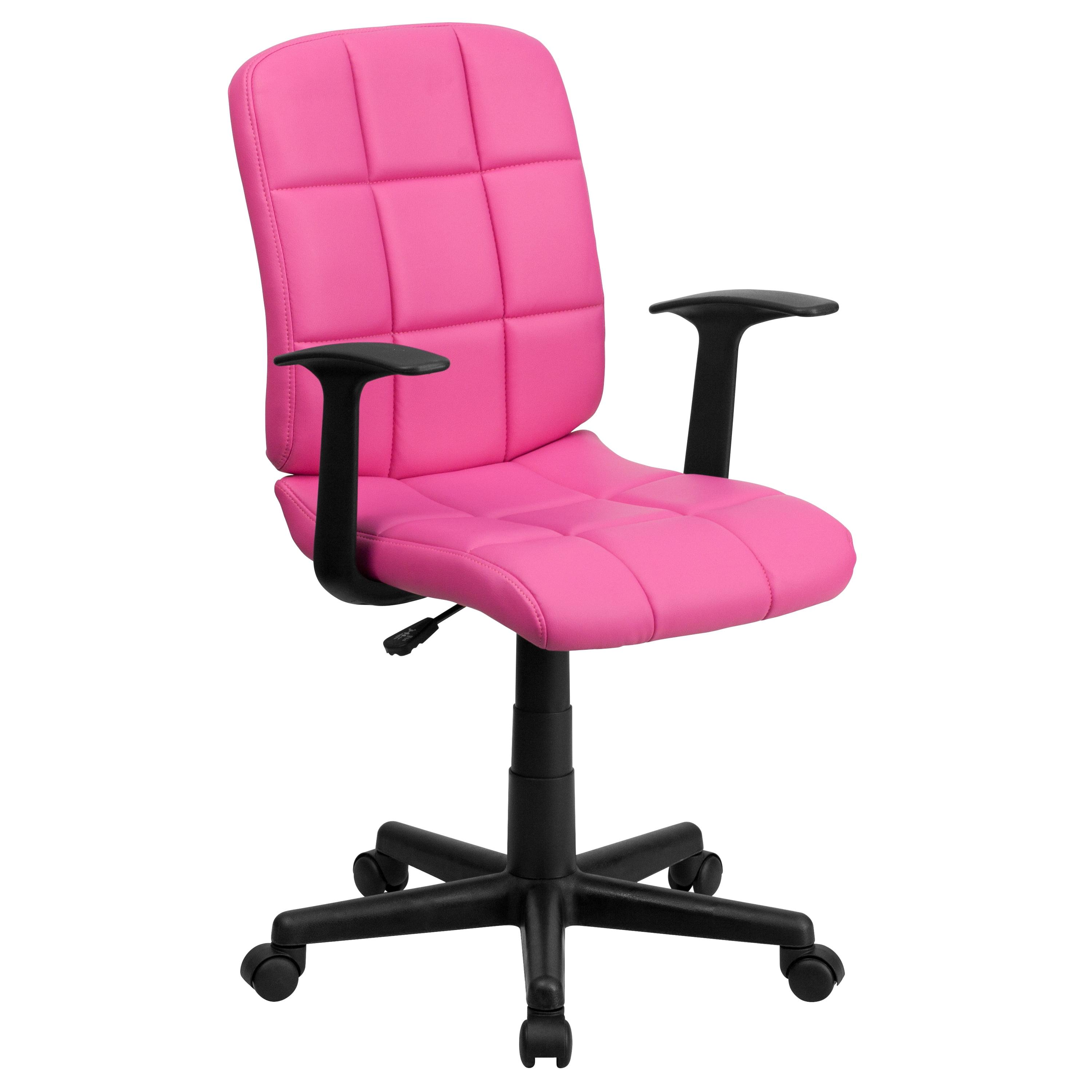 Elegant Mid-Back Pink Quilted Vinyl Swivel Task Chair with Arms