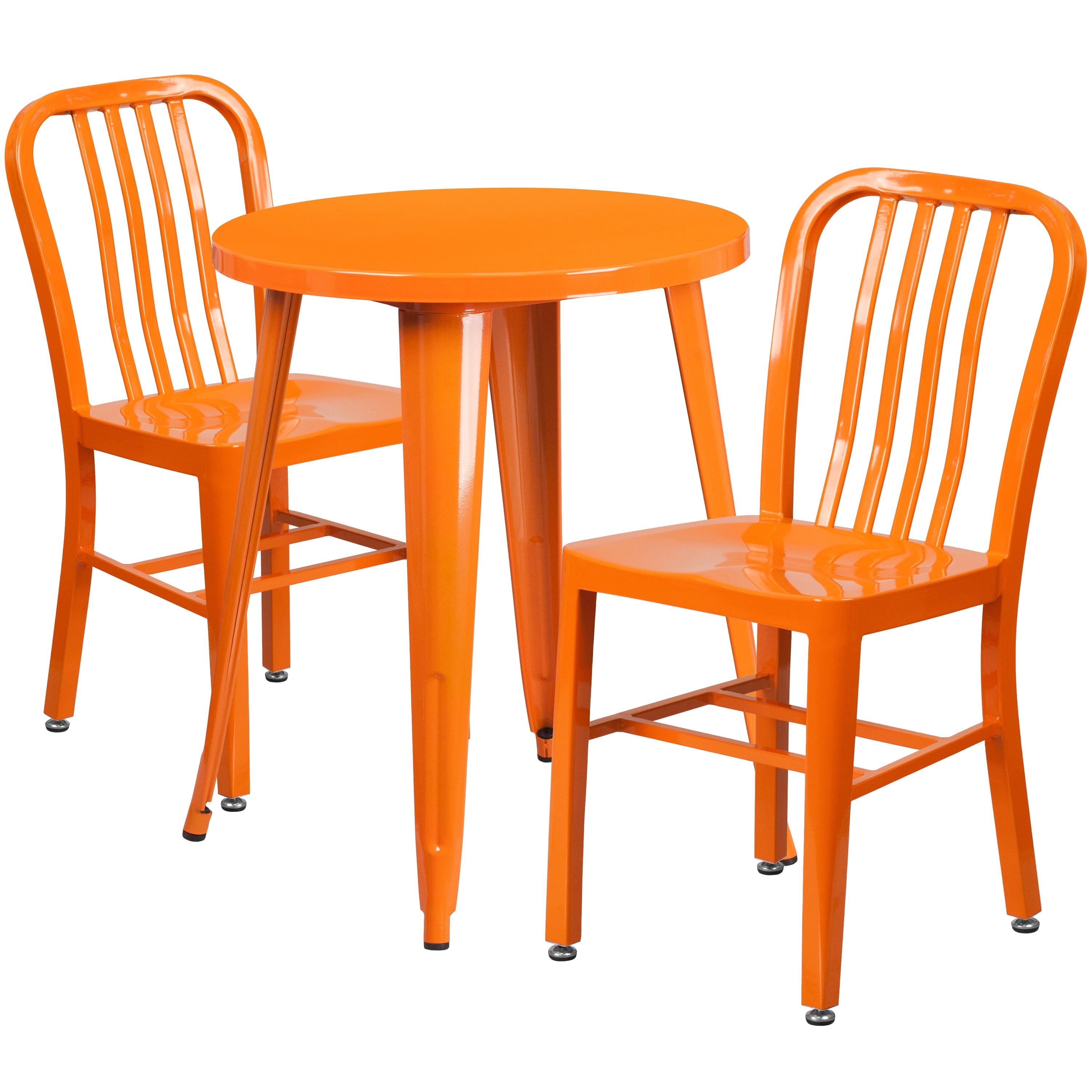 Flash Furniture Commercial Grade 24" Round Orange Metal Indoor-Outdoor Table Set with 2 Vertical Slat Back Chairs
