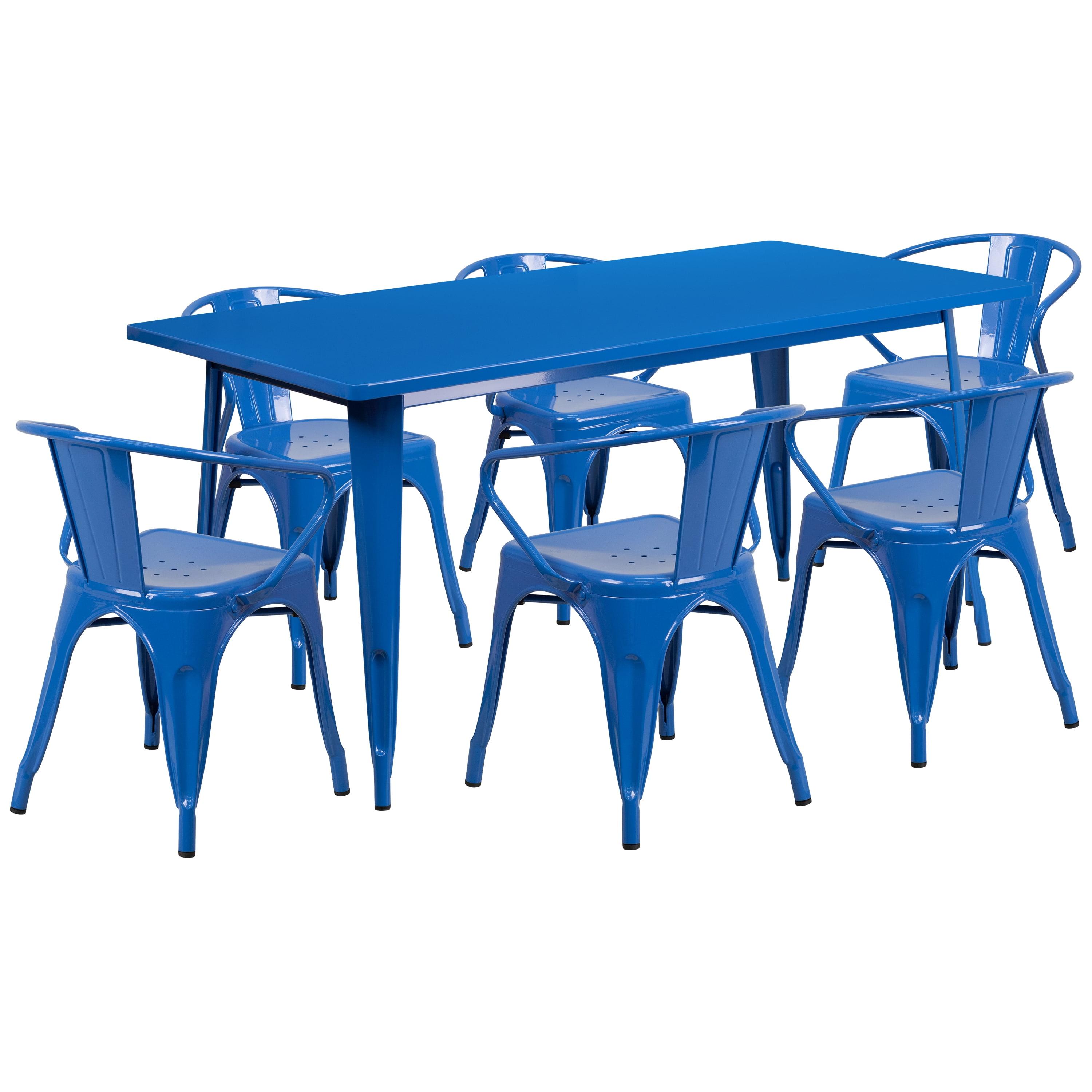 Retro Vintage 6-Person Blue Steel Rectangular Dining Set