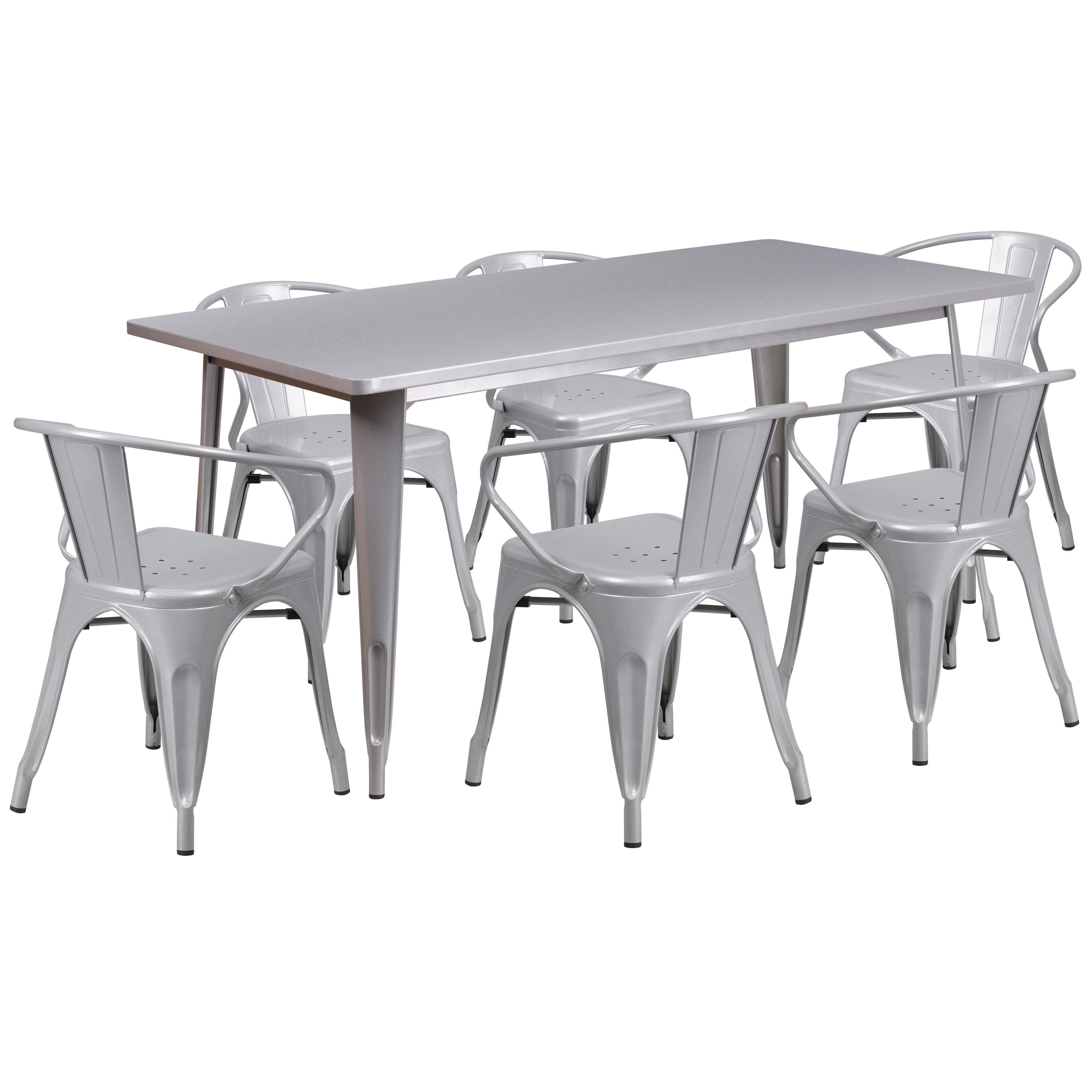 Flash Furniture Oakley Commercial Grade 31.5" x 63" Rectangular Silver Metal Indoor-Outdoor Table Set with 6 Arm Chairs
