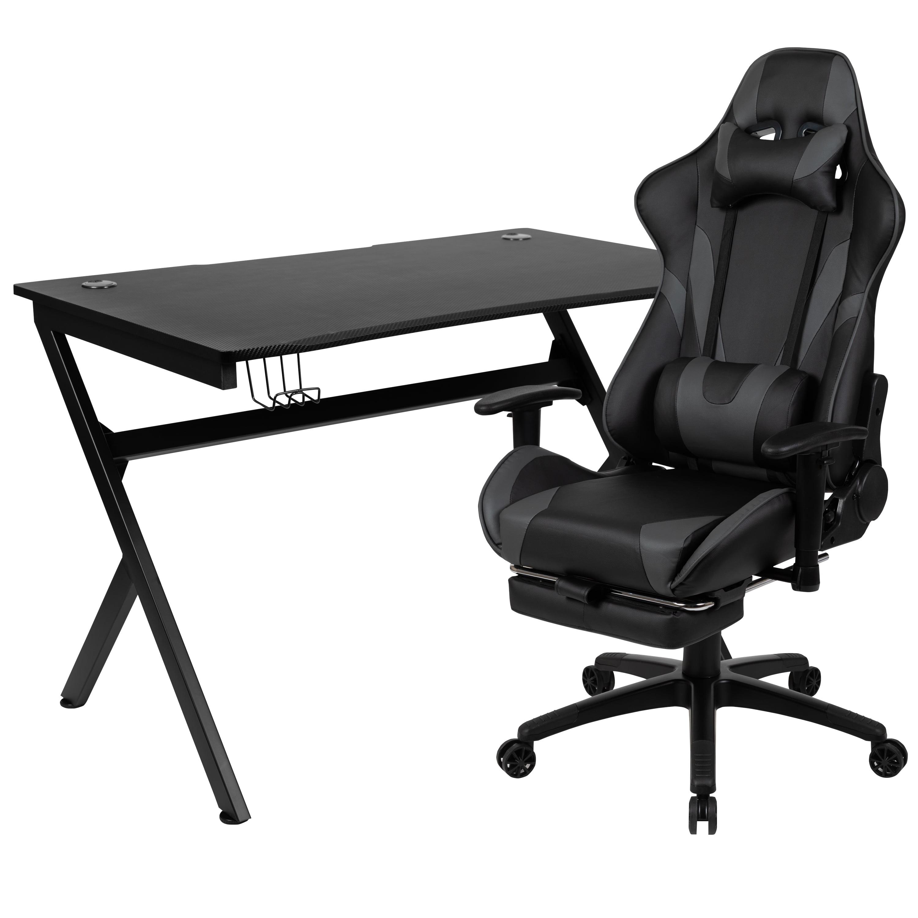 Ergonomic Gray Gaming Desk & Chair Set with Cup Holder and Headphone Hook