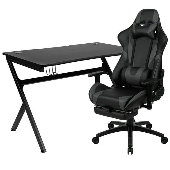 Flash Furniture Black Gaming Desk and Gray Footrest Reclining Gaming Chair Set with Cup Holder, Headphone Hook & 2 Wire Management Holes