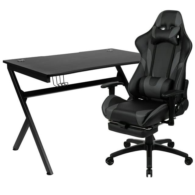 Flash Furniture Black Gaming Desk and Gray Footrest Reclining Gaming Chair Set with Cup Holder, Headphone Hook & 2 Wire Management Holes