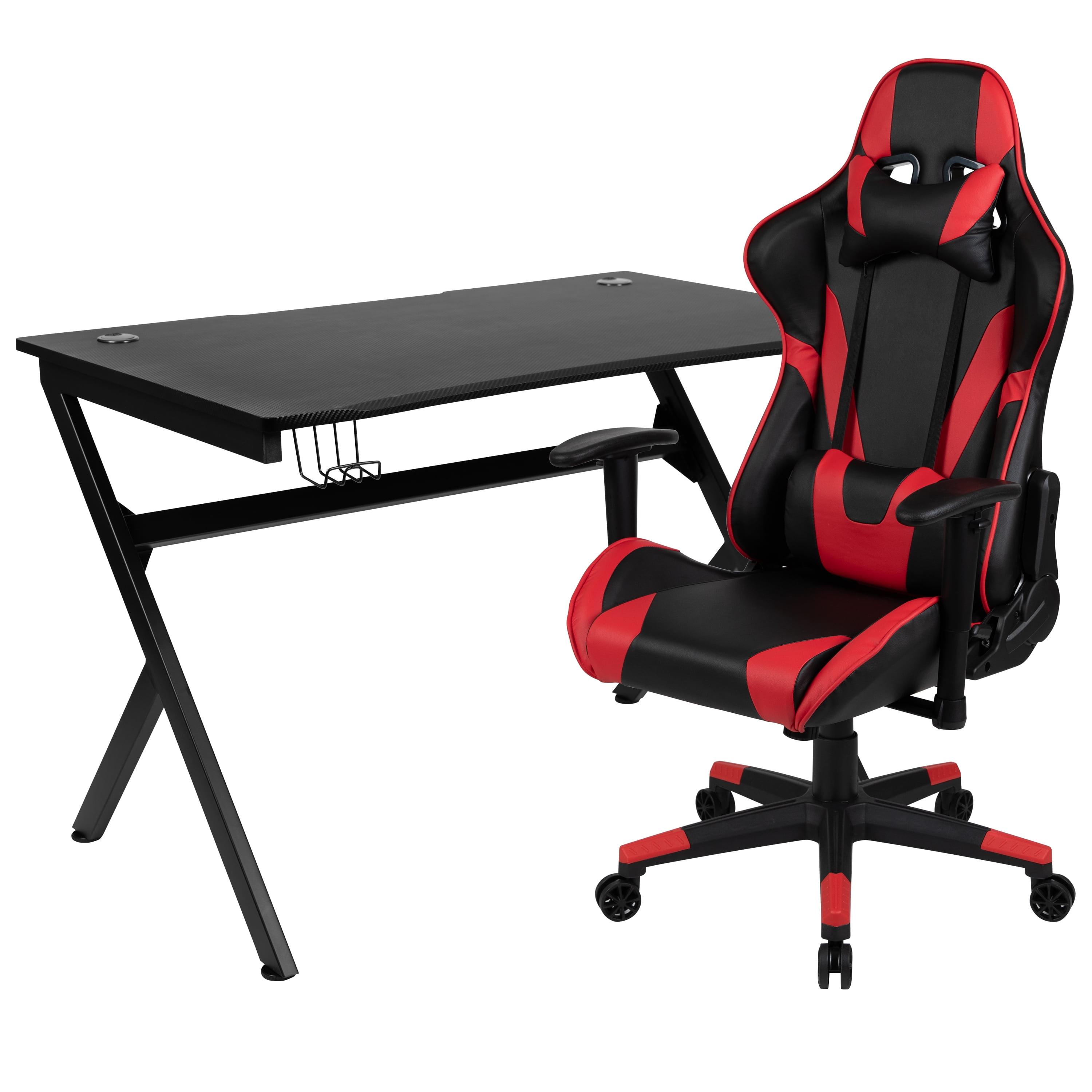 Black Carbon Fiber Gaming Desk with Red Reclining Chair Set